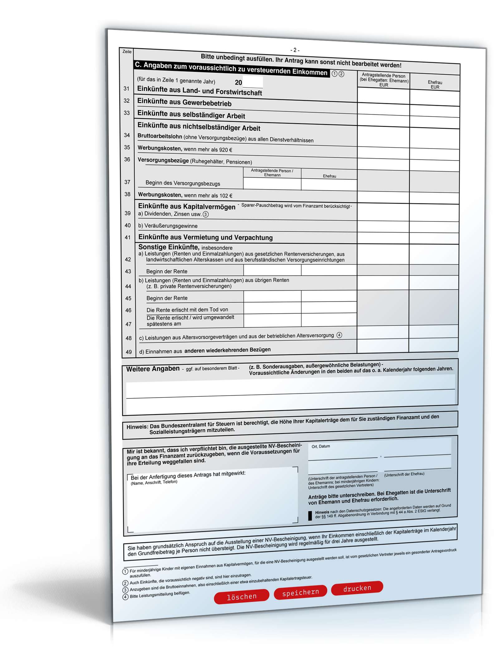 Antrag auf Ausstellung einer Nichtveranlagungs-Bescheinigung (NV) PDF. Seite: 2