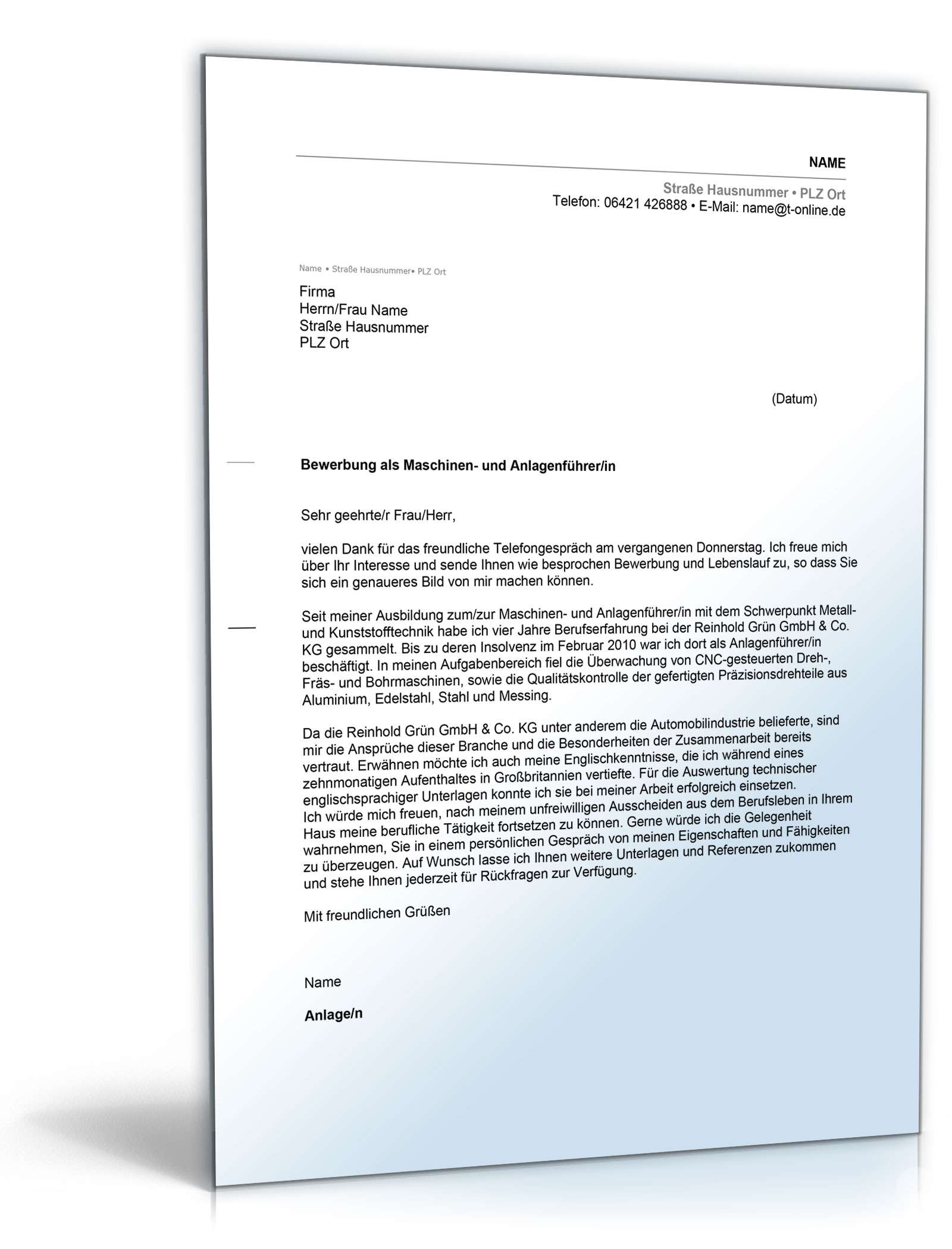 Anschreiben Bewerbung Maschinen- und Anlagenführer Excel