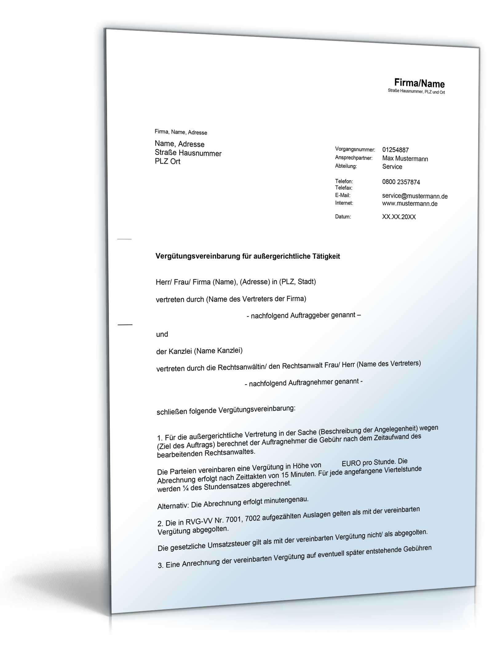 Vergütungsvereinbarung Rechtsanwalt Word