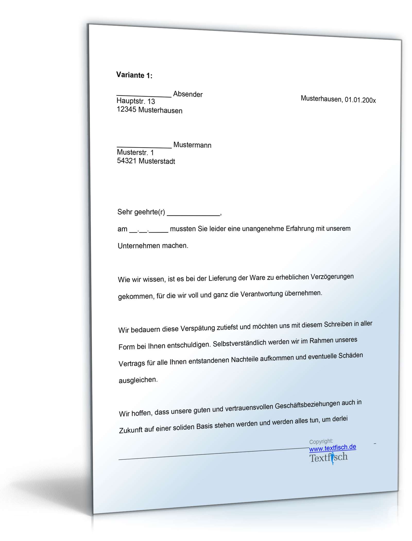 Entschuldigung verspätete Lieferung Produkt Word