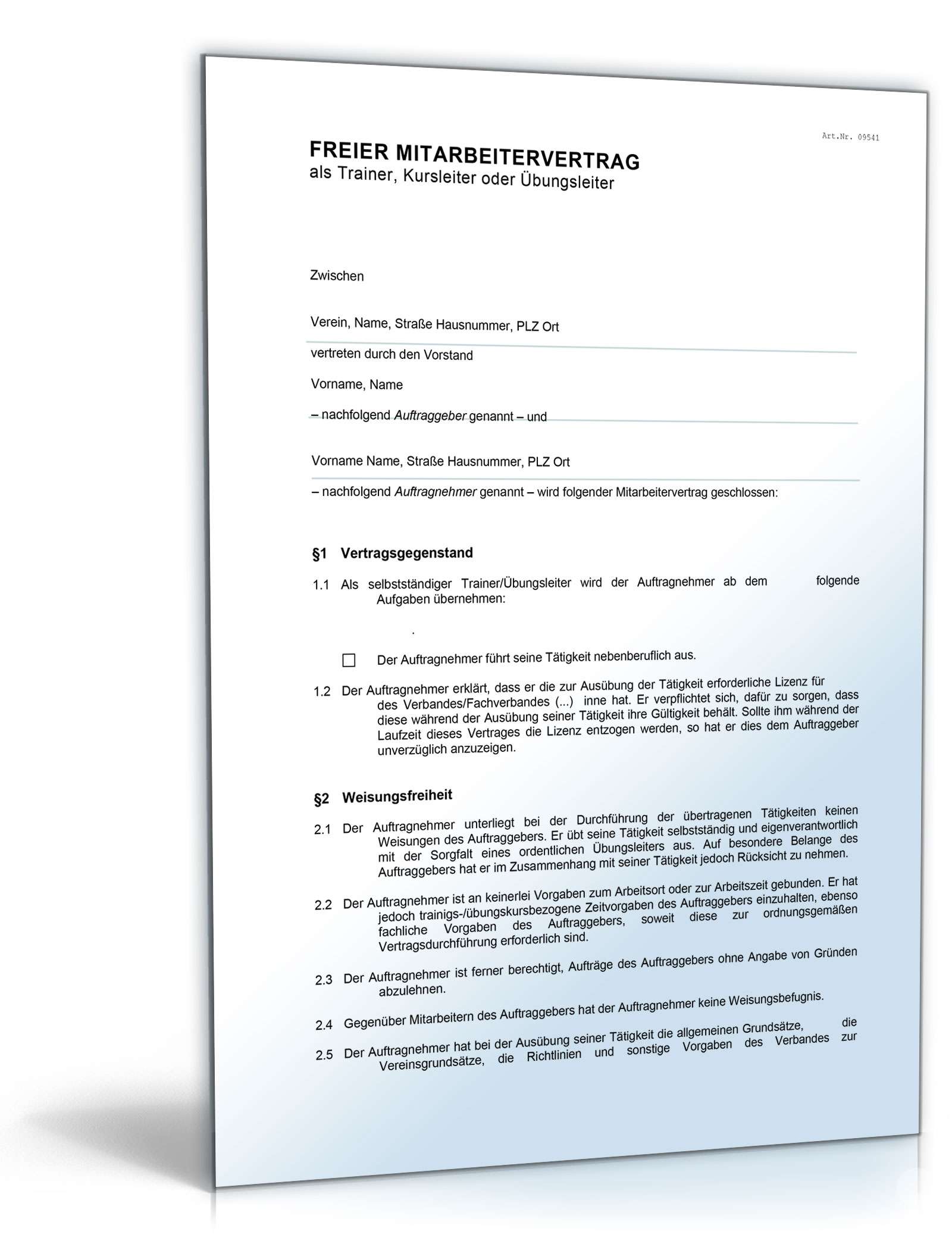 Honorarvertrag Trainer Kursleiter Word