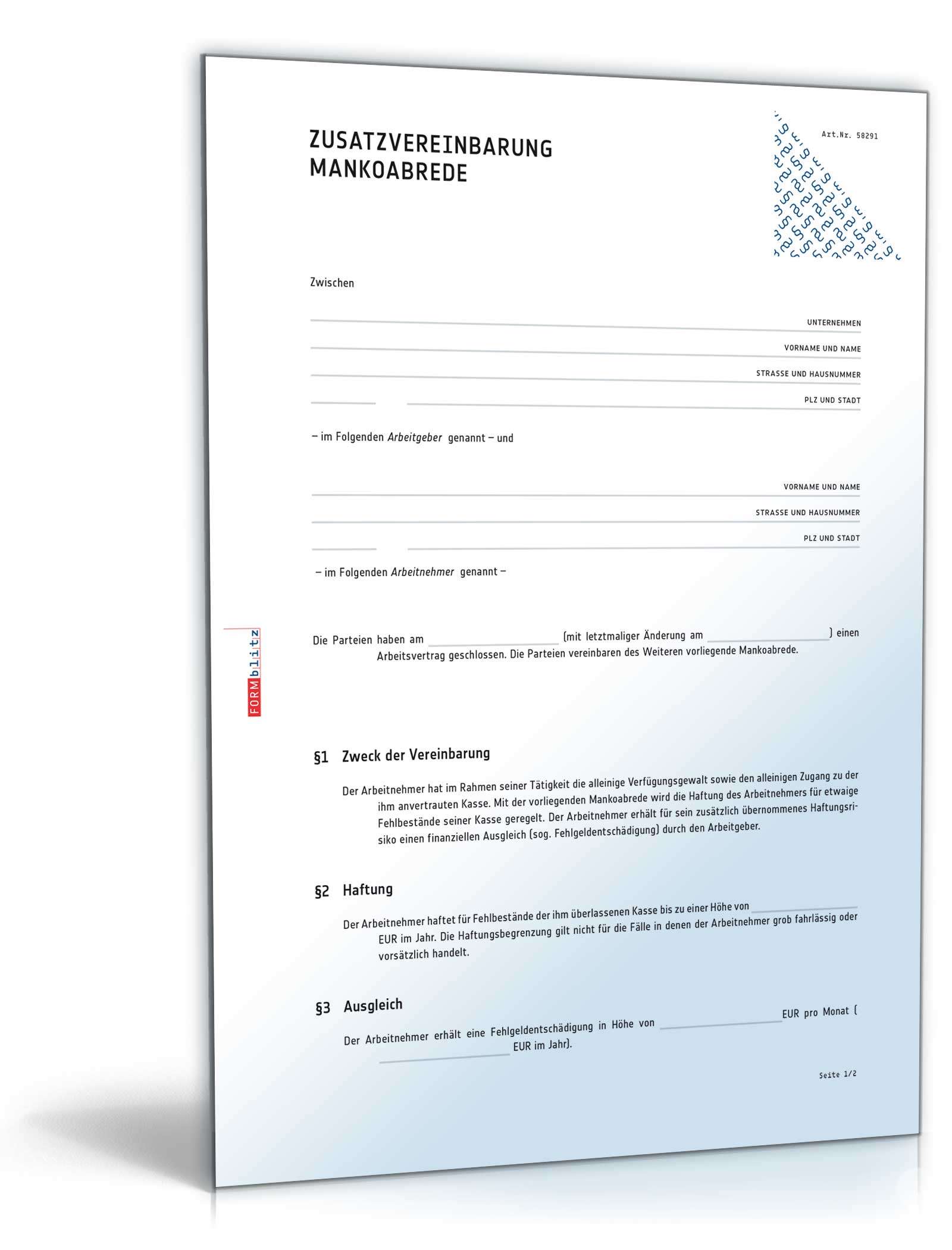 Zusatzvereinbarung Mankoabrede PDF