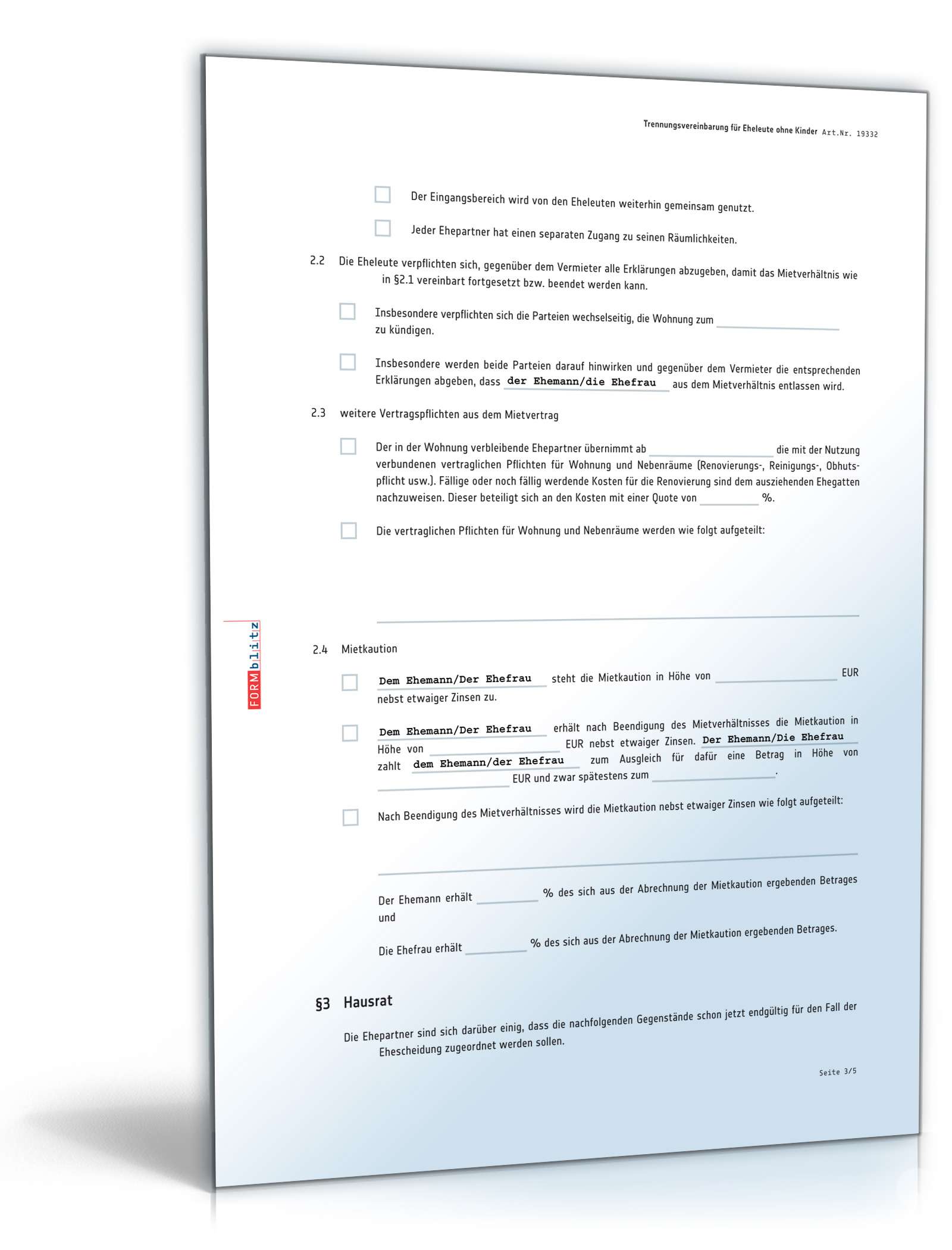 Trennungsvereinbarung Eheleute ohne Kinder PDF. Seite: 3