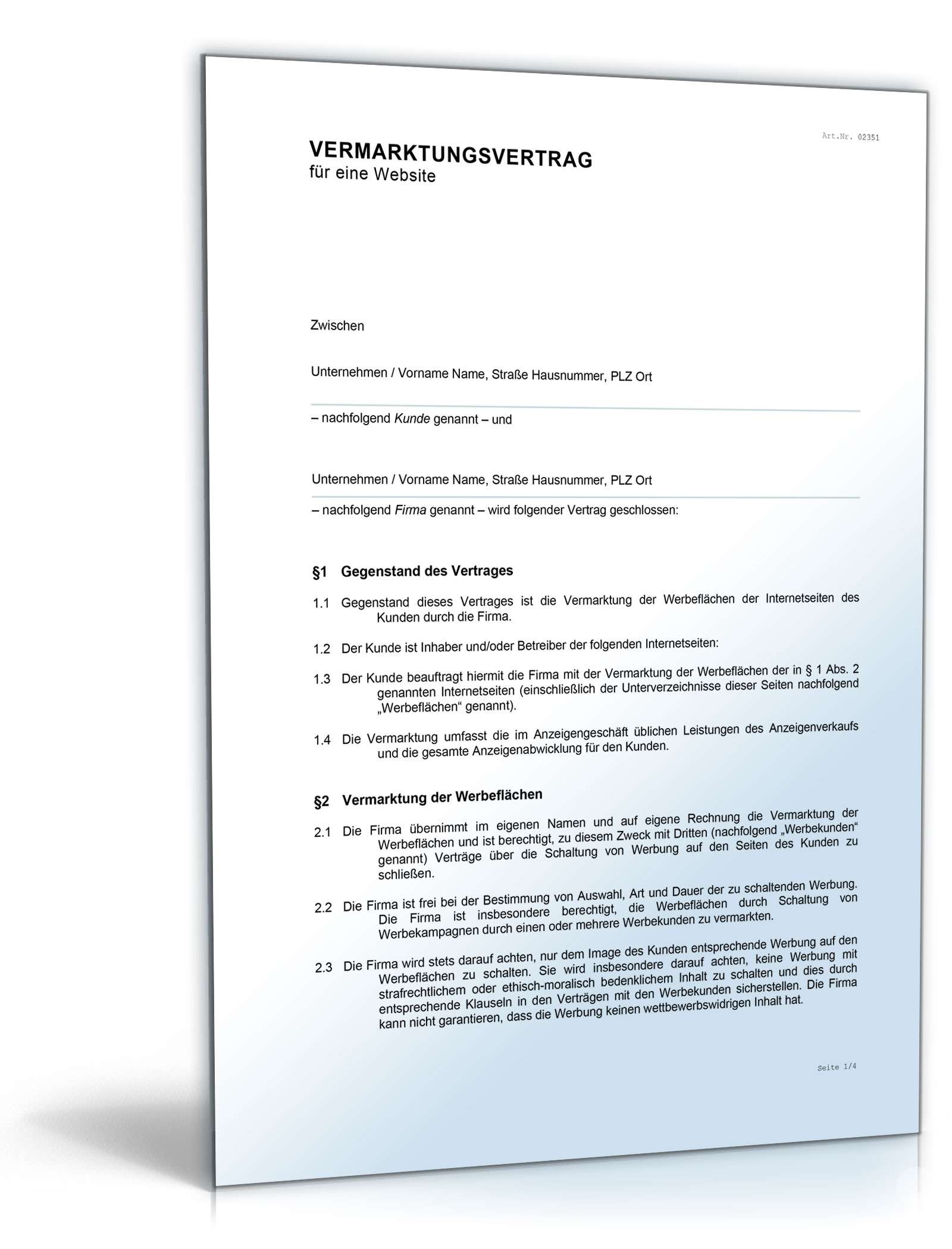 Vermarktungsvertrag Website Word