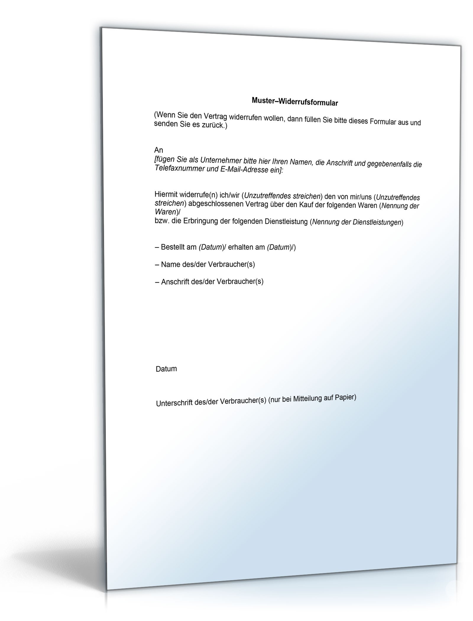 Widerrufsformular Online-Shop Word