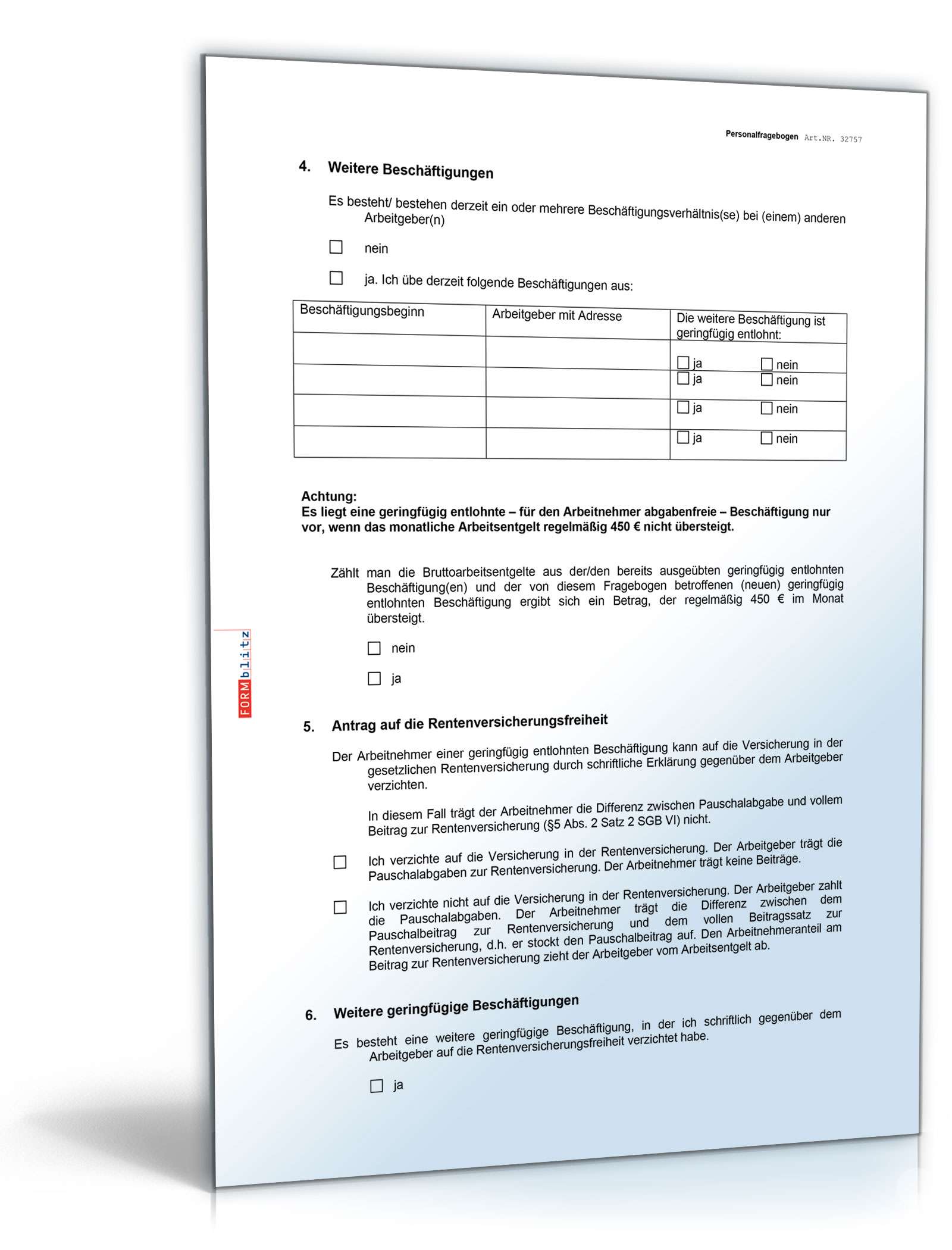 Personalfragebogen Minijob 2024 Word. Seite: 2