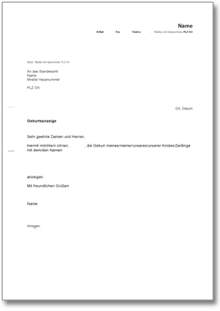 Geburtsanzeige Standesamt Word