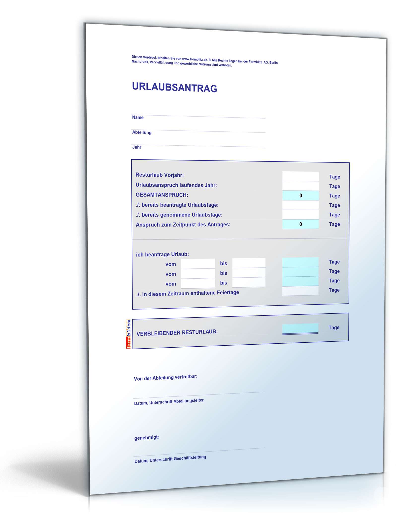 Urlaubsantrag mit Resturlaubsberechnung Excel