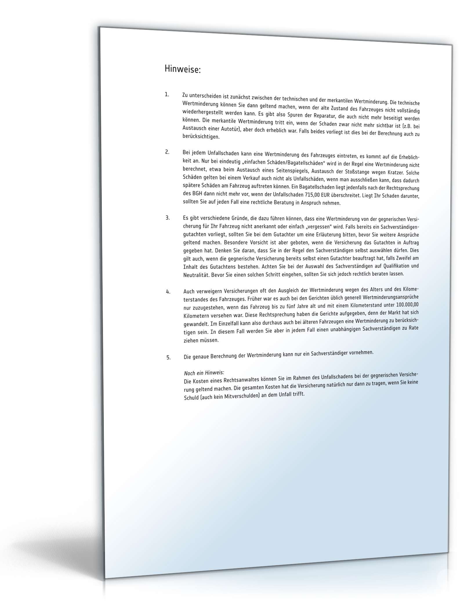 Geltendmachung einer Wertminderung nach Unfall PDF. Seite: 2