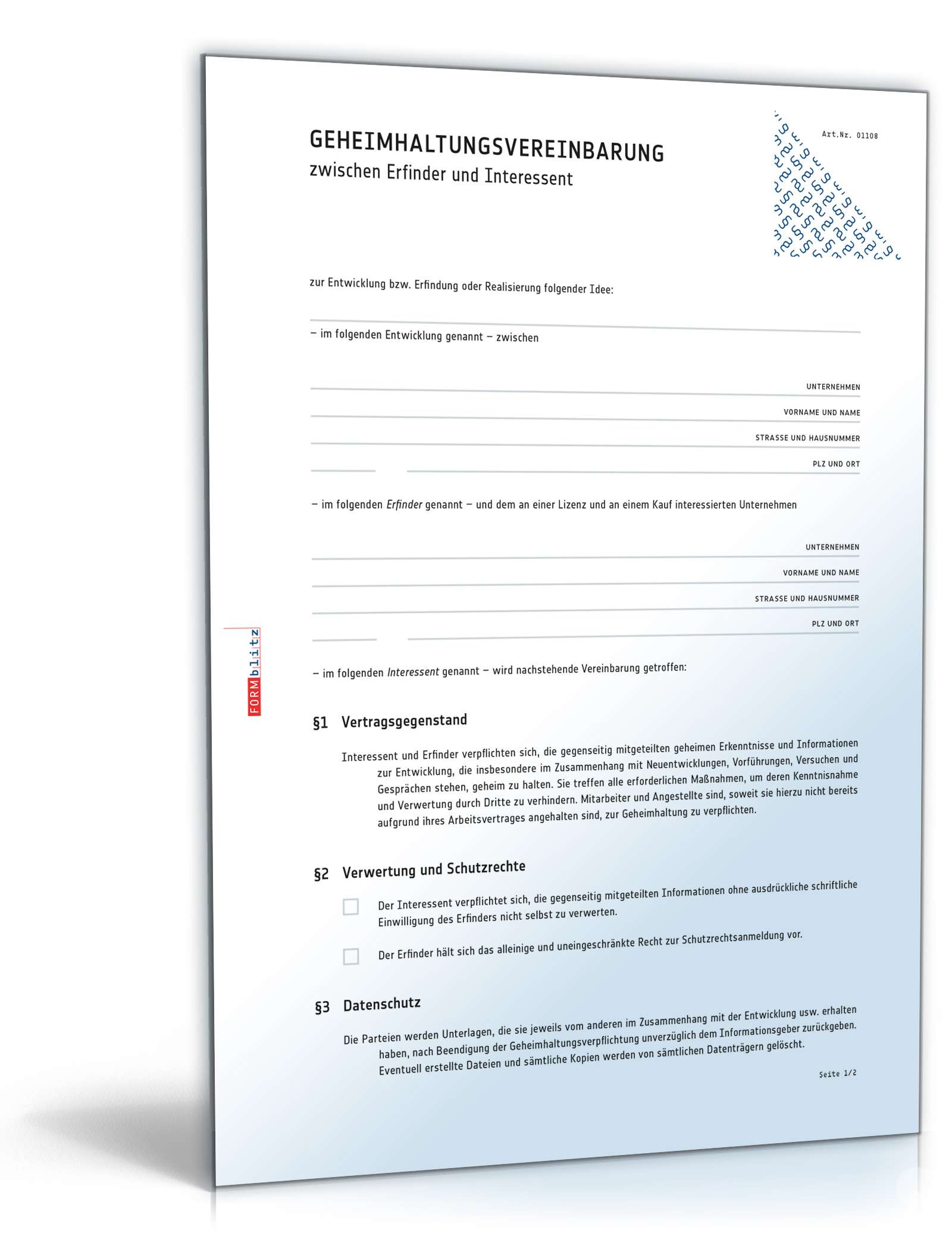 Geheimhaltungsvereinbarung zwischen Erfinder und Unternehmen PDF