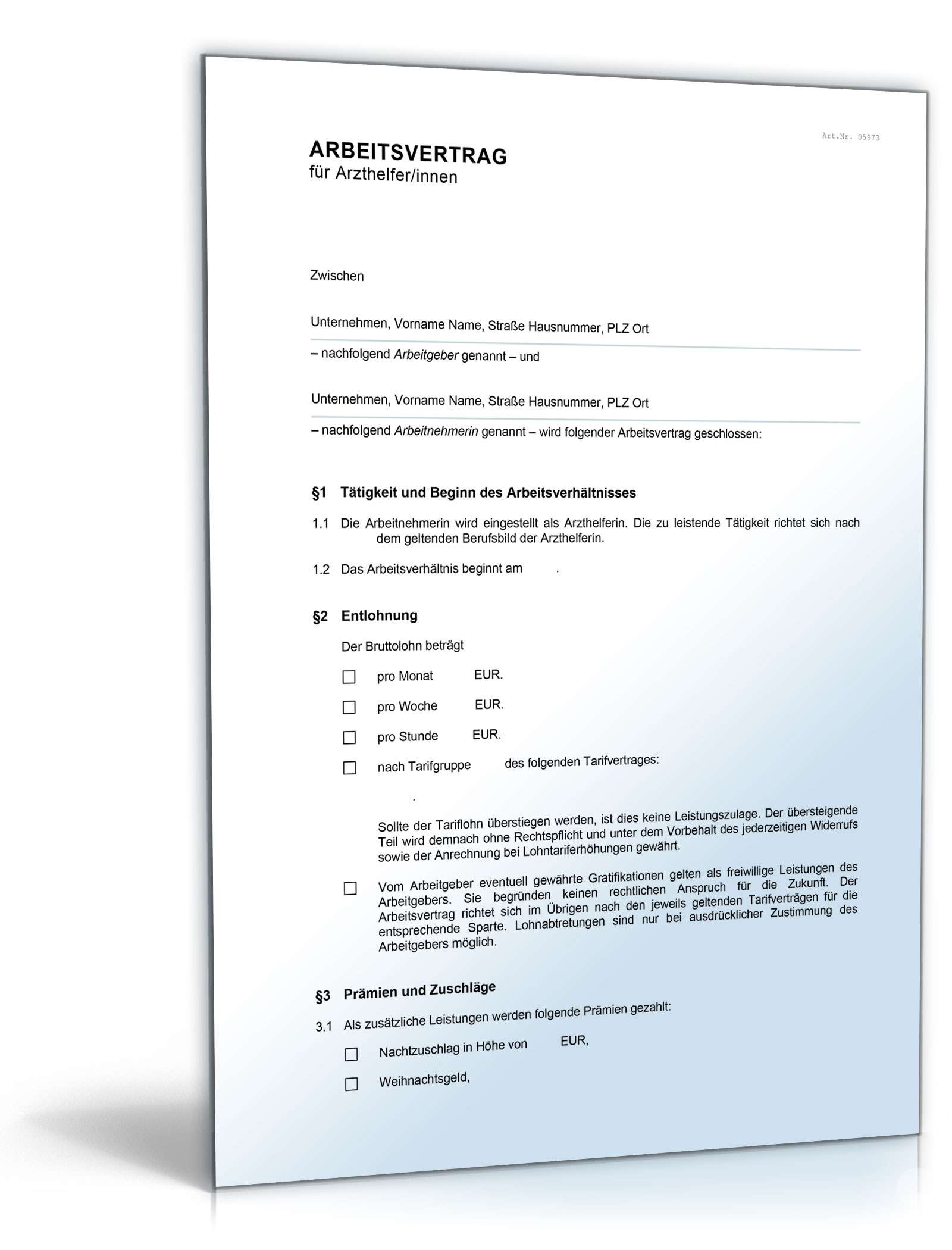 Arbeitsvertrag medizinische Fachangestellte Word