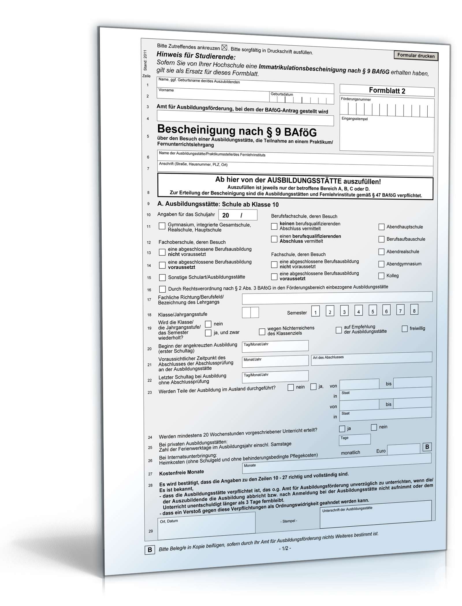 Bescheinigung nach § 9 BAföG PDF
