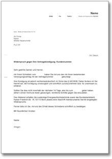 Widerspruch gegen Vertragskündigung durch Energieversorger Word