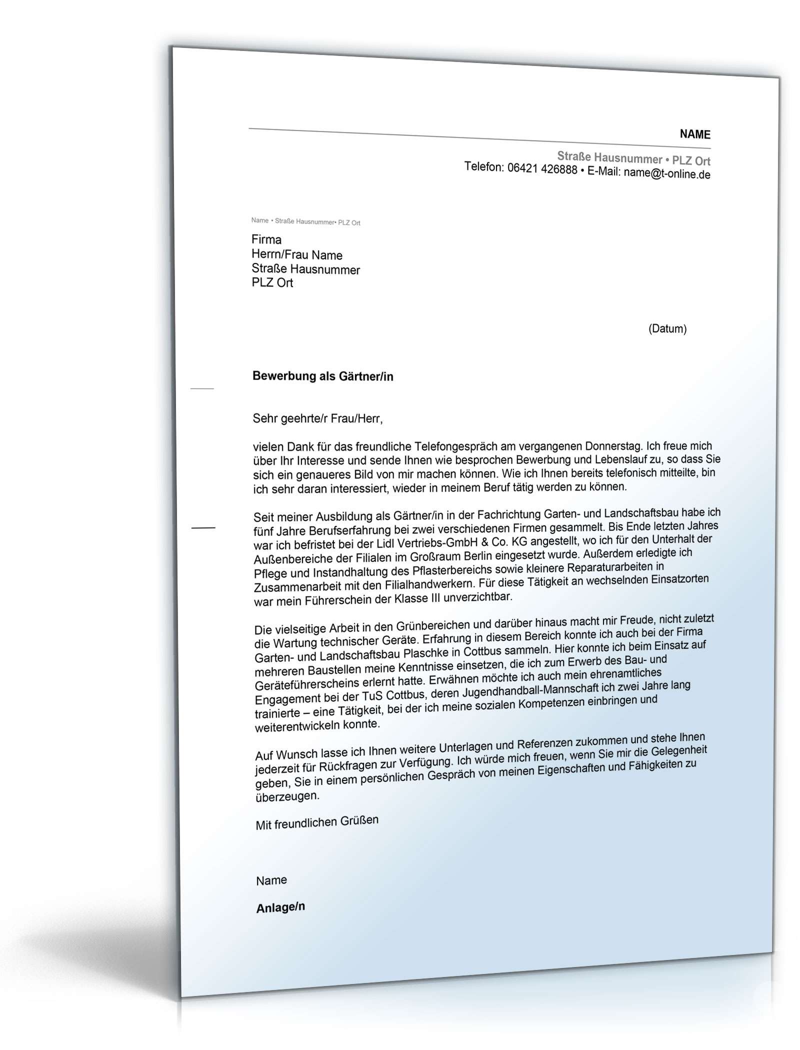 Anschreiben Bewerbung Gärtner Excel