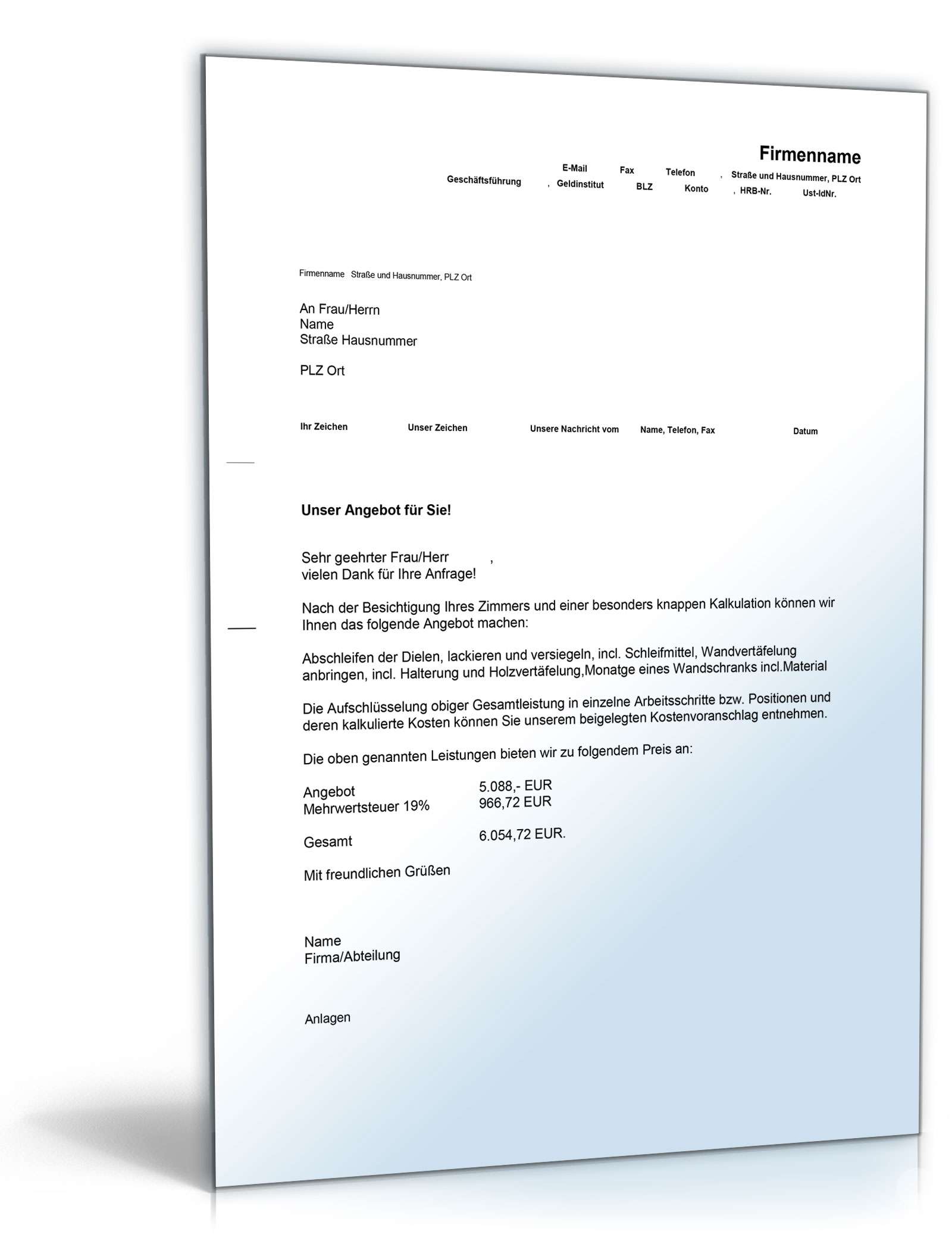 Kostenvoranschlag Tischler- und Holzarbeiten Excel. Seite: 2