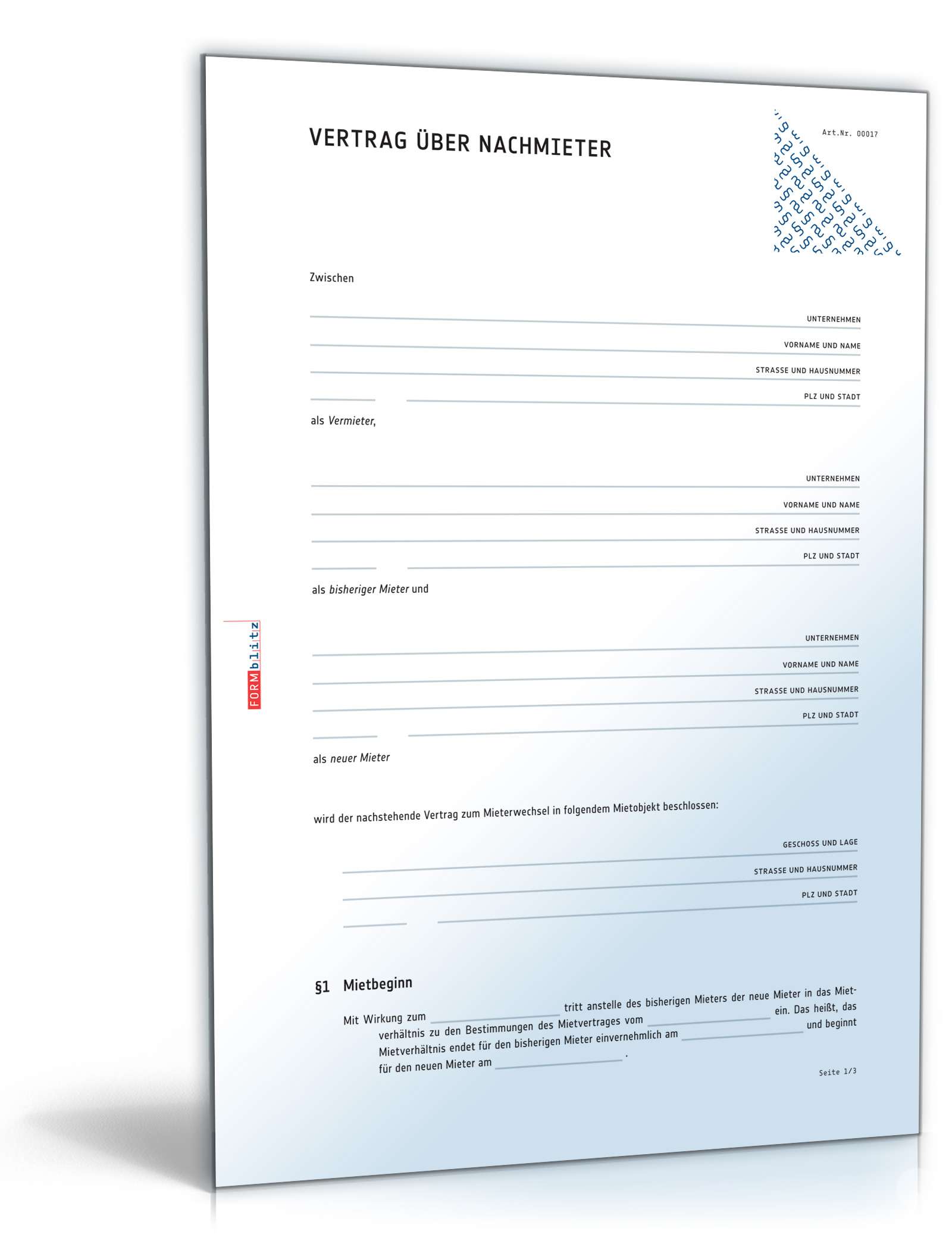 Nachmietervertrag zur Wohnungsübernahme PDF