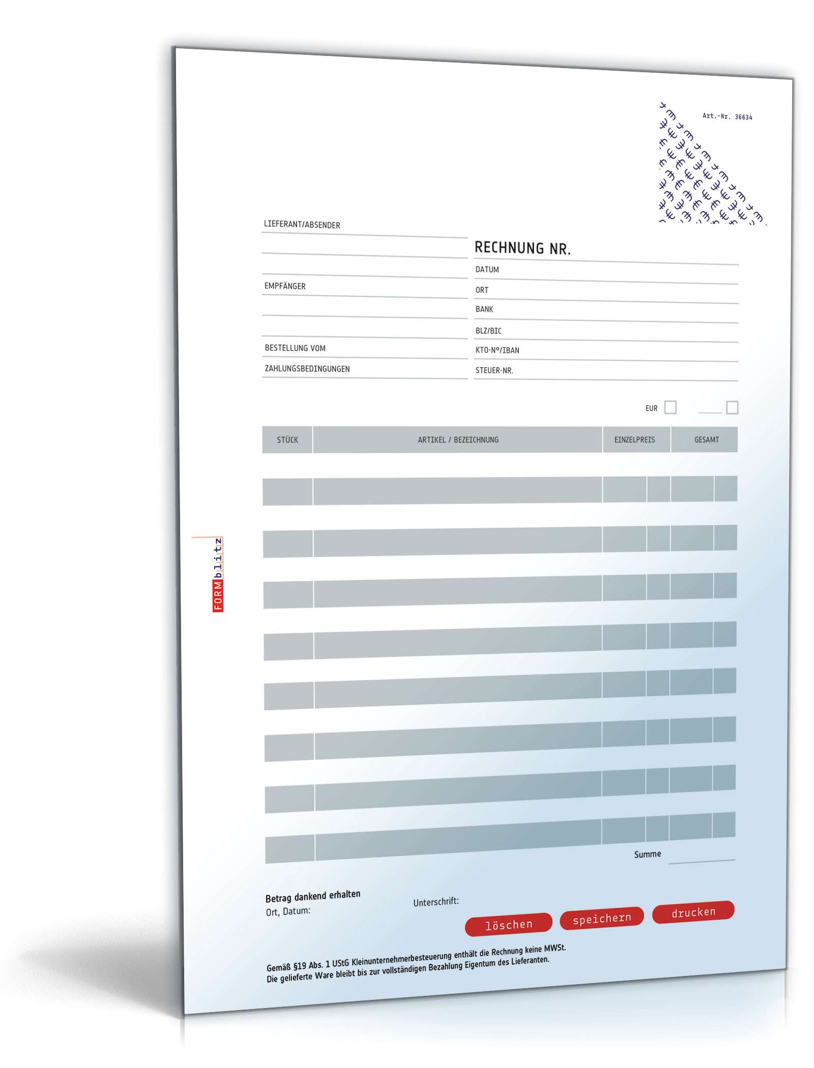 Kleinunternehmerrechnung mit Einzelpreis ohne MwSt PDF