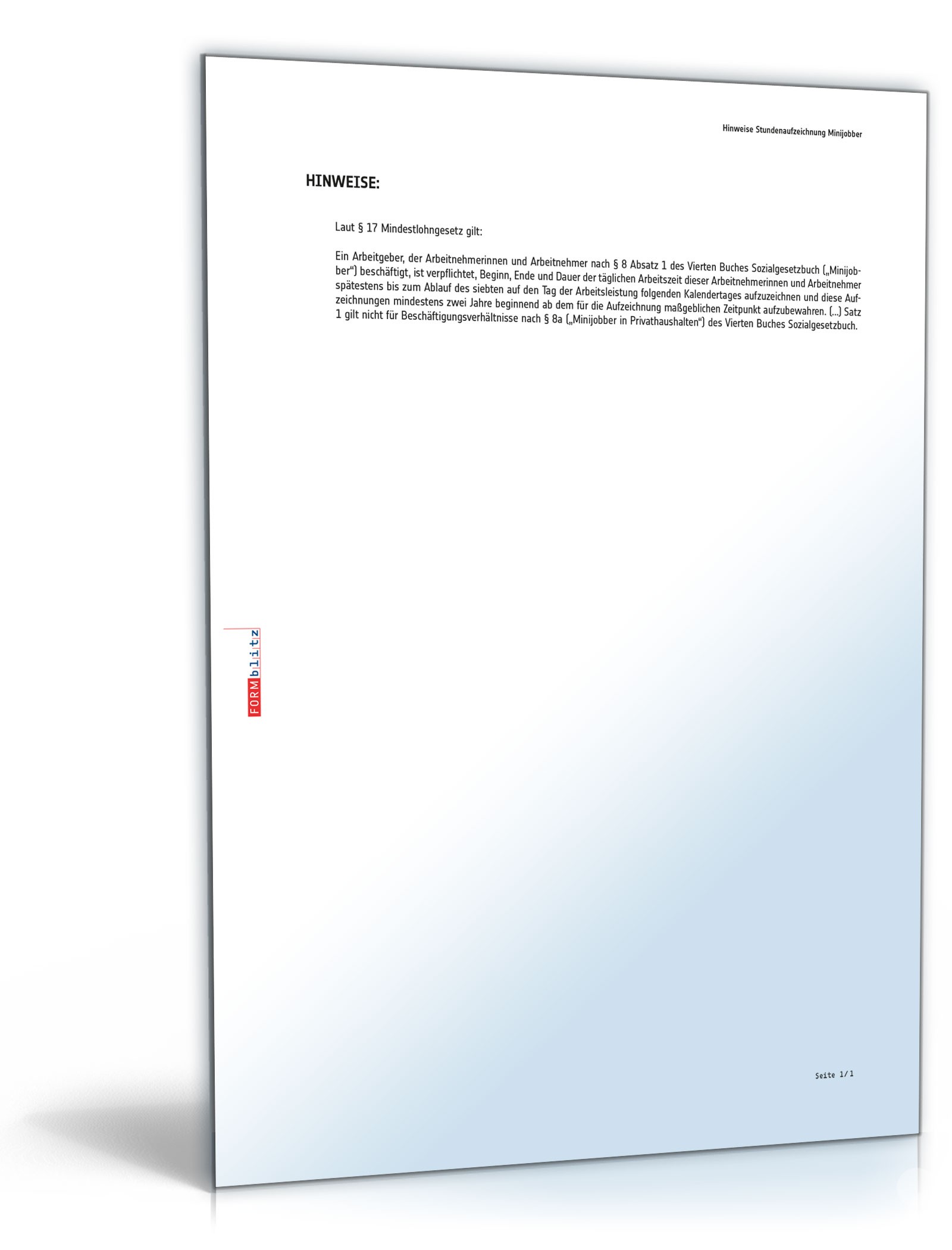 Stundenaufzeichnung Minijobber PDF. Seite: 2