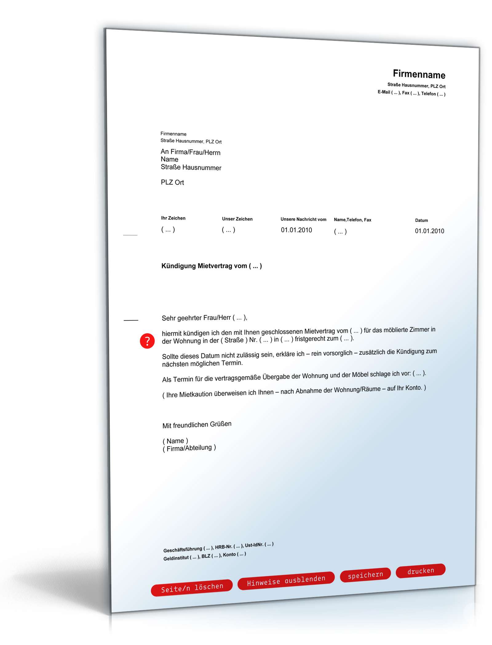 Kündigung Mietvertrag Zimmer fristgemäß PDF