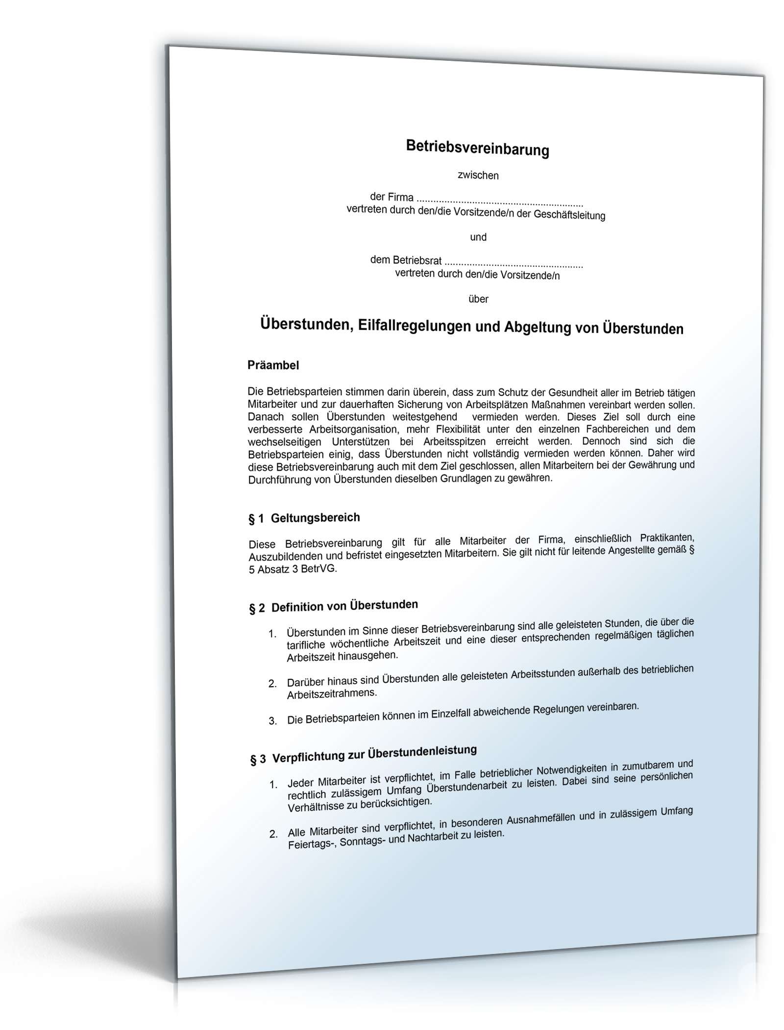 Betriebsvereinbarung zu Überstunden PDF