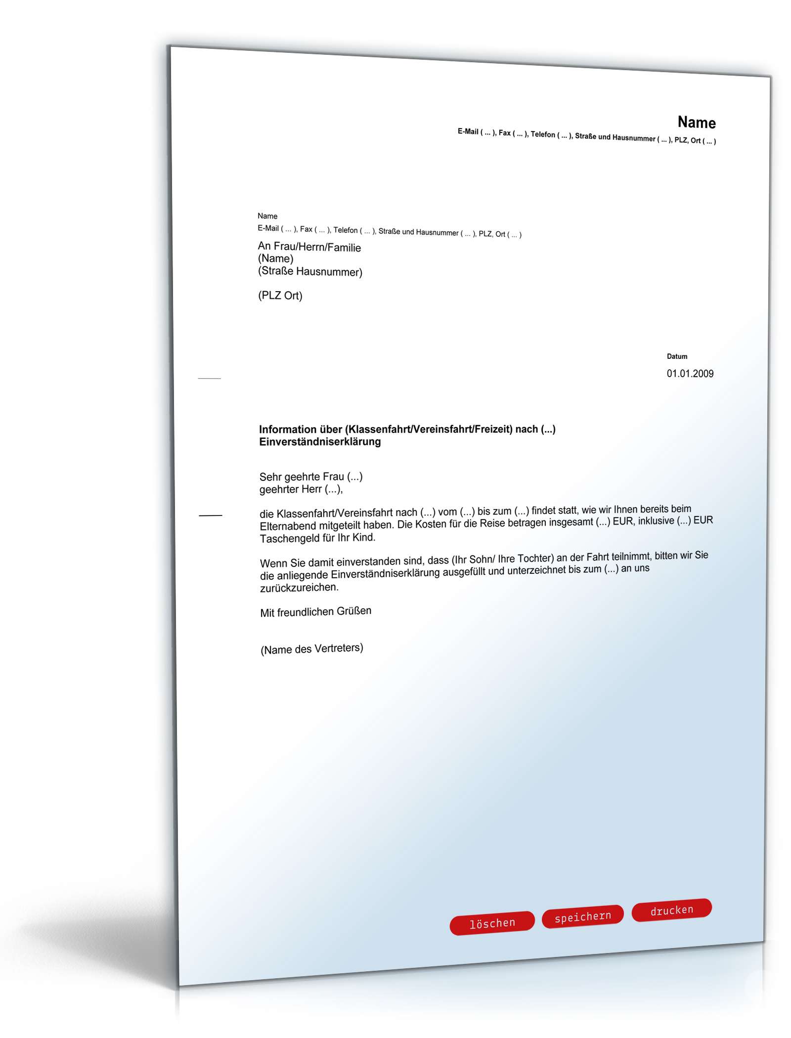 Einverständniserklärung Teilnahme Vereins-/Klassenfahrt PDF