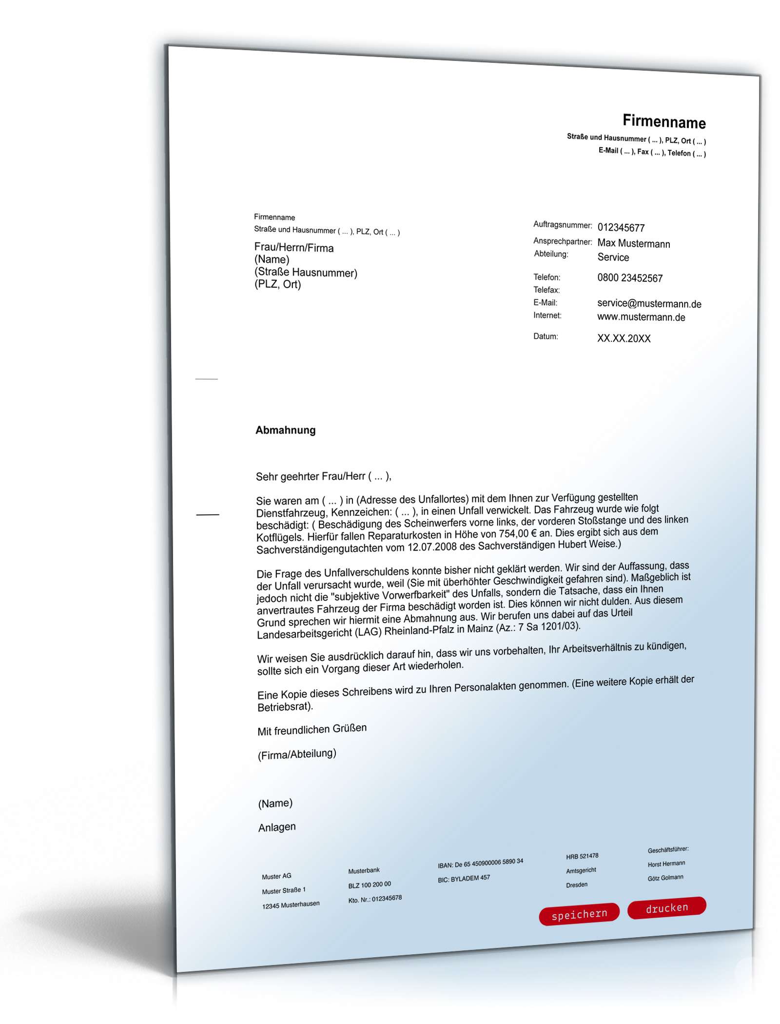 Abmahnung Unfalls mit Dienstwagen PDF