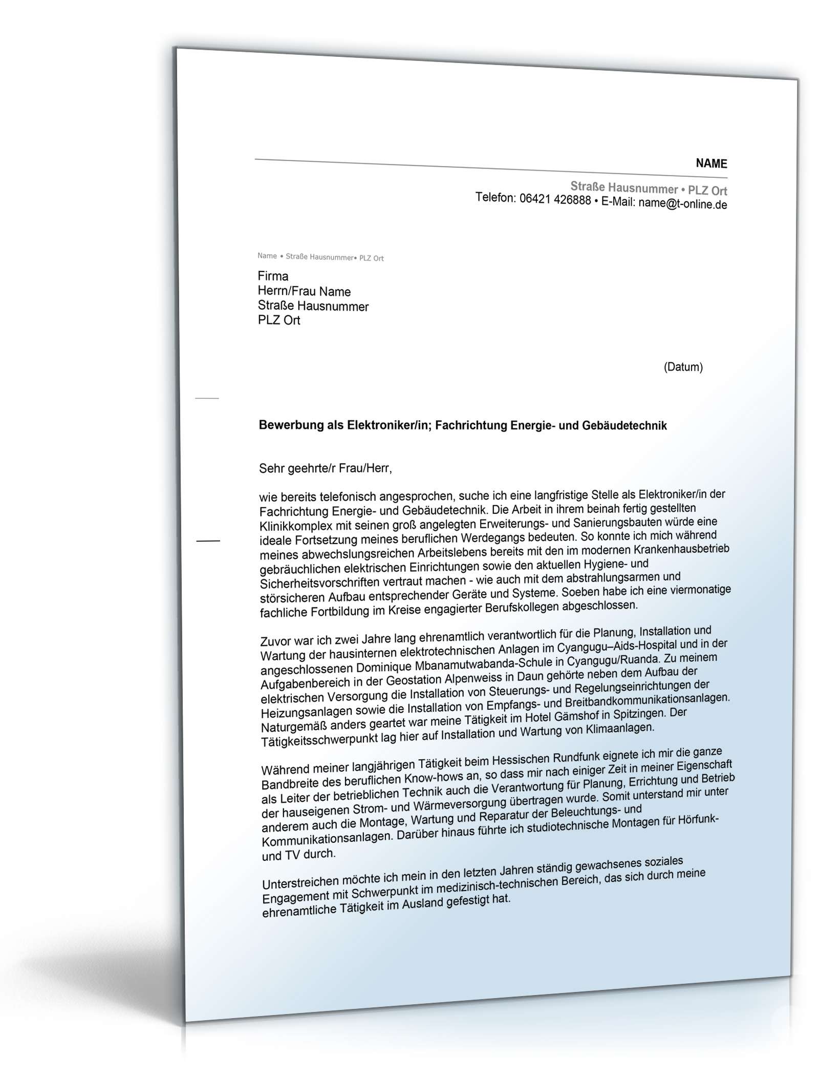 Anschreiben Bewerbung Elektroniker Excel