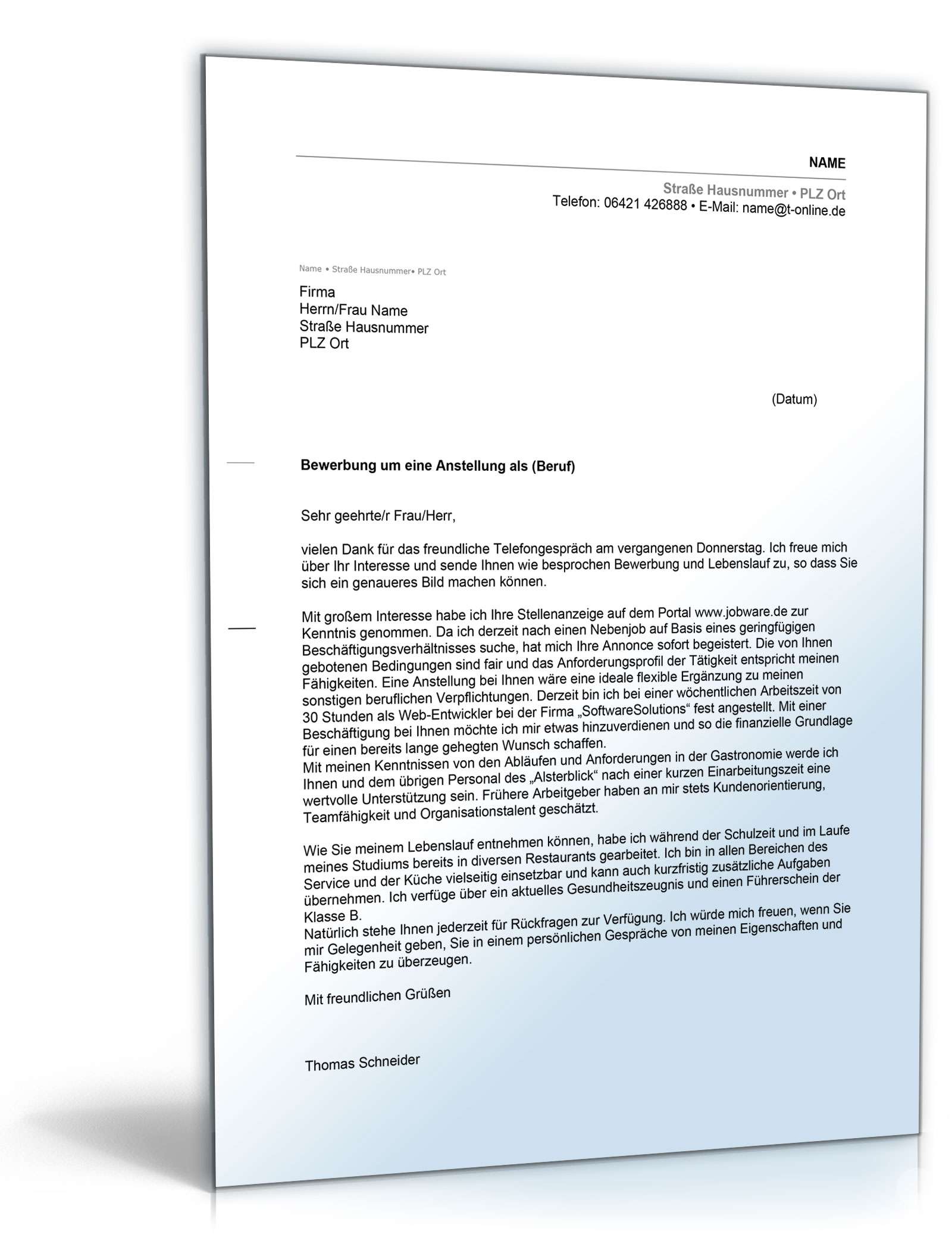 Anschreiben Bewerbung Nebenjob Excel