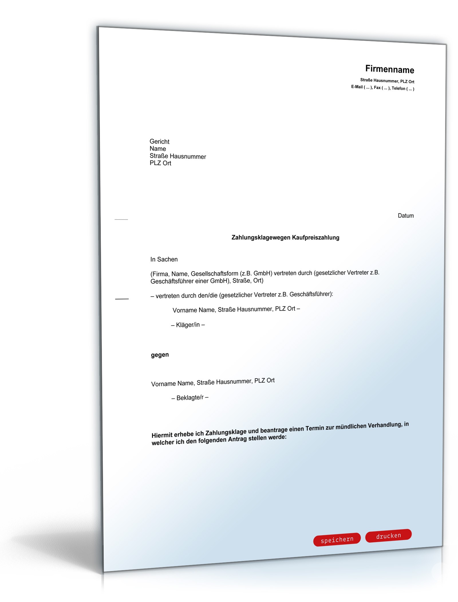 Zahlungsklage wegen ausbleibender Kaufpreiszahlung Word