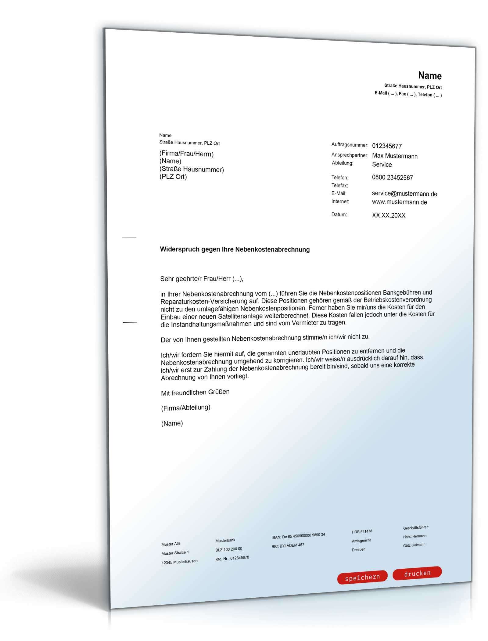 Widerspruch Nebenkostenabrechnung PDF