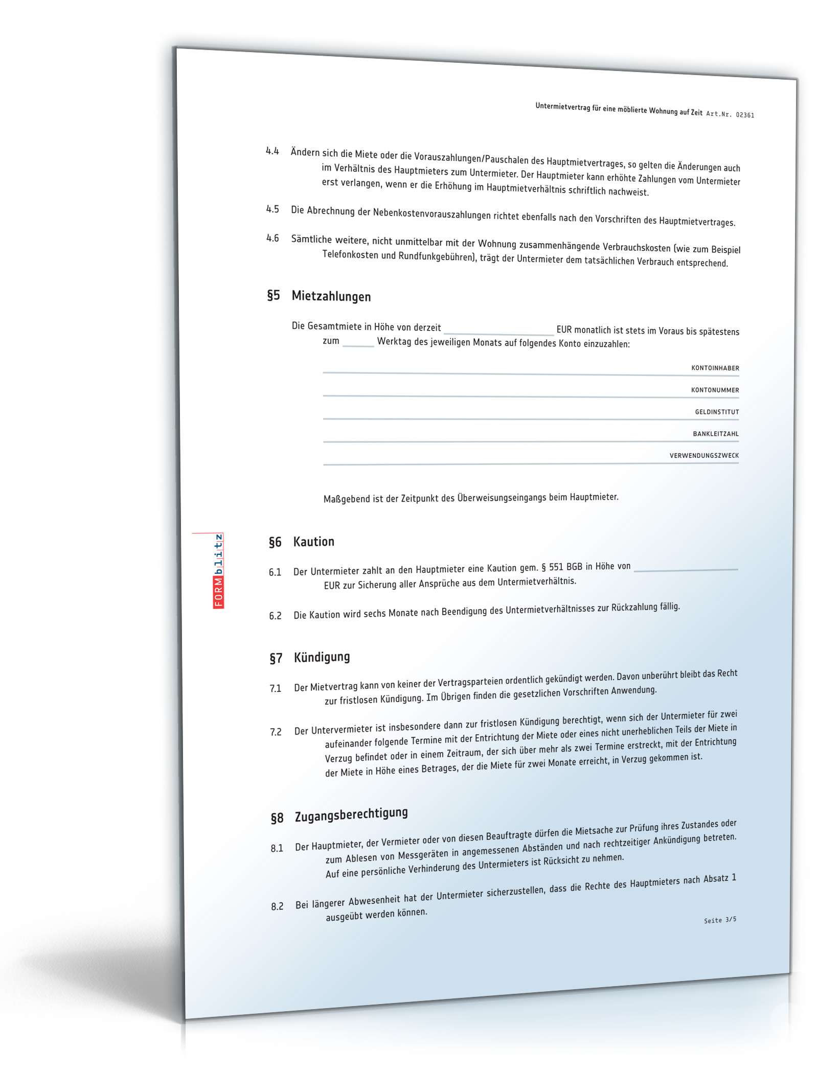 Befristeter Untermietvertrag möblierte Wohnung PDF. Seite: 3