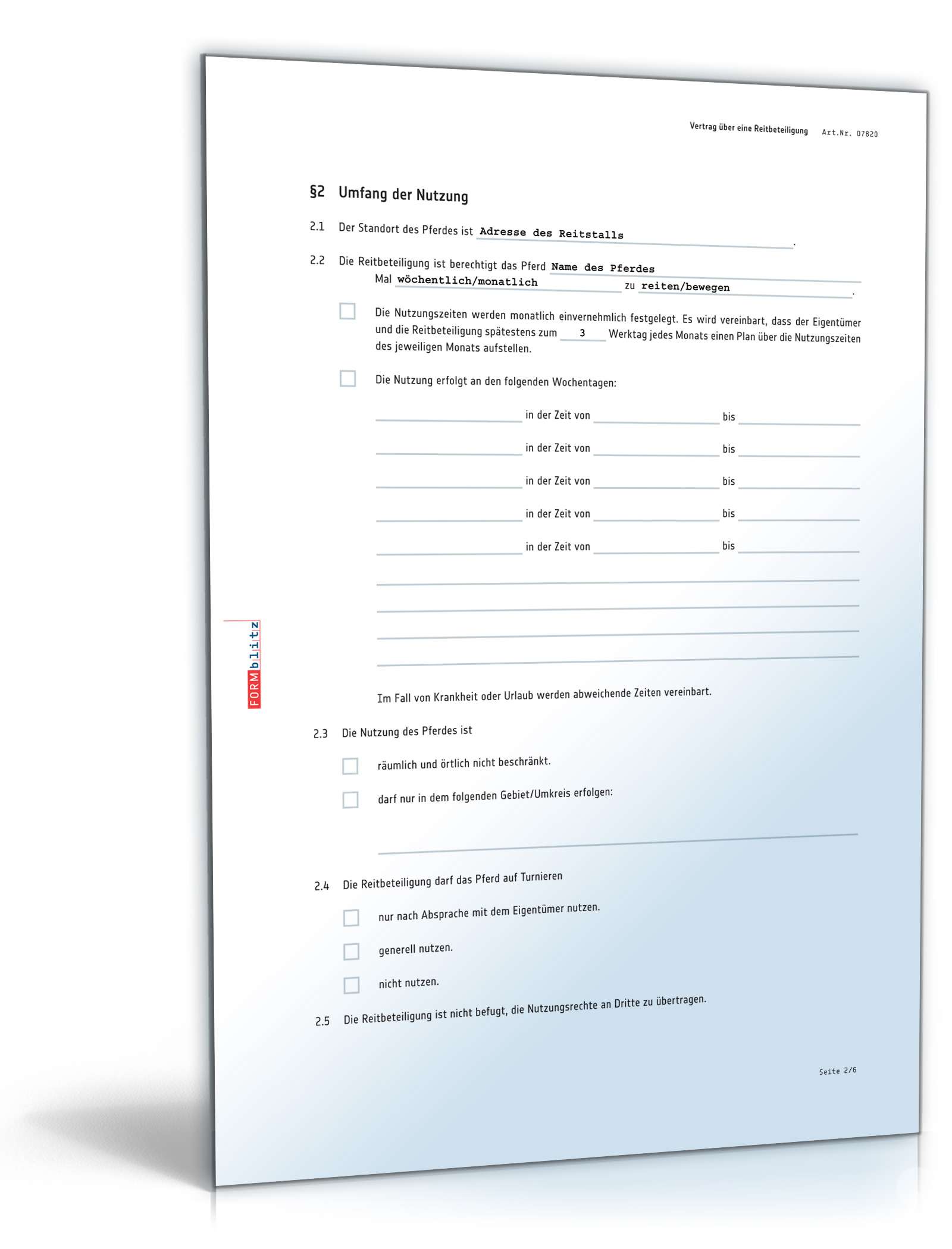 Vertrag Reitbeteiligung PDF. Seite: 2