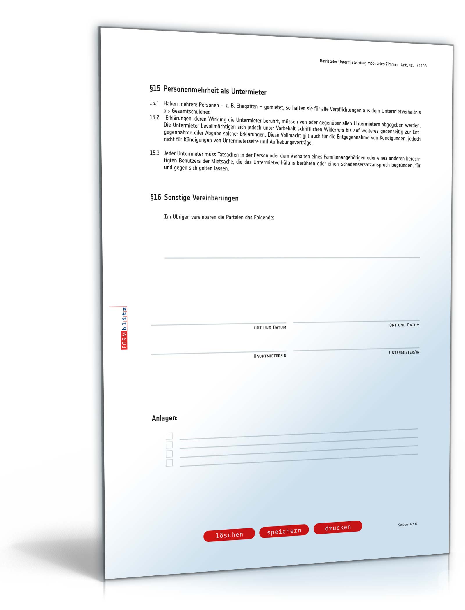 Befristeter Untermietvertrag möbliertes Zimmer PDF. Seite: 6