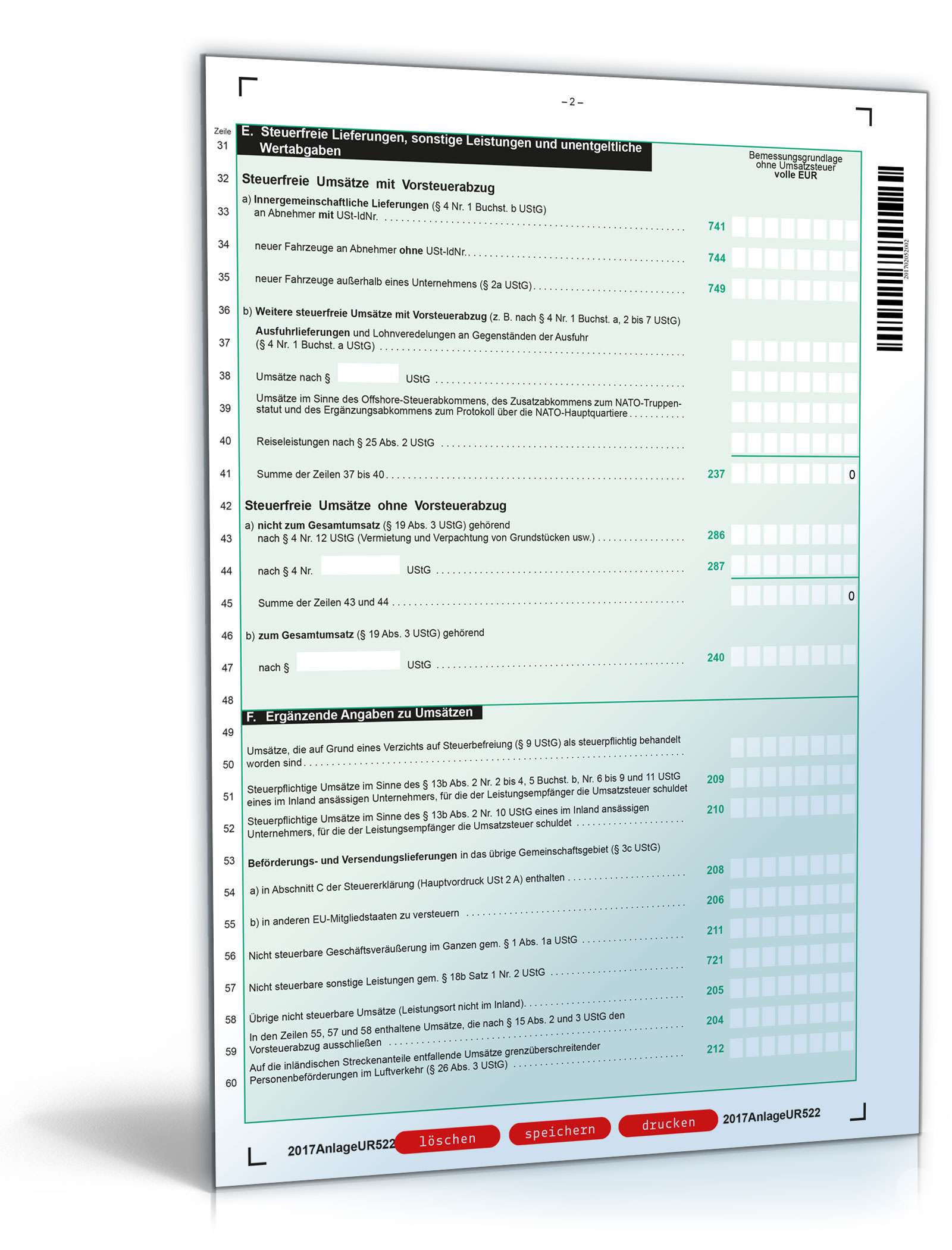 Anlage UR zur Umsatzsteuererklärung 2017 PDF. Seite: 2