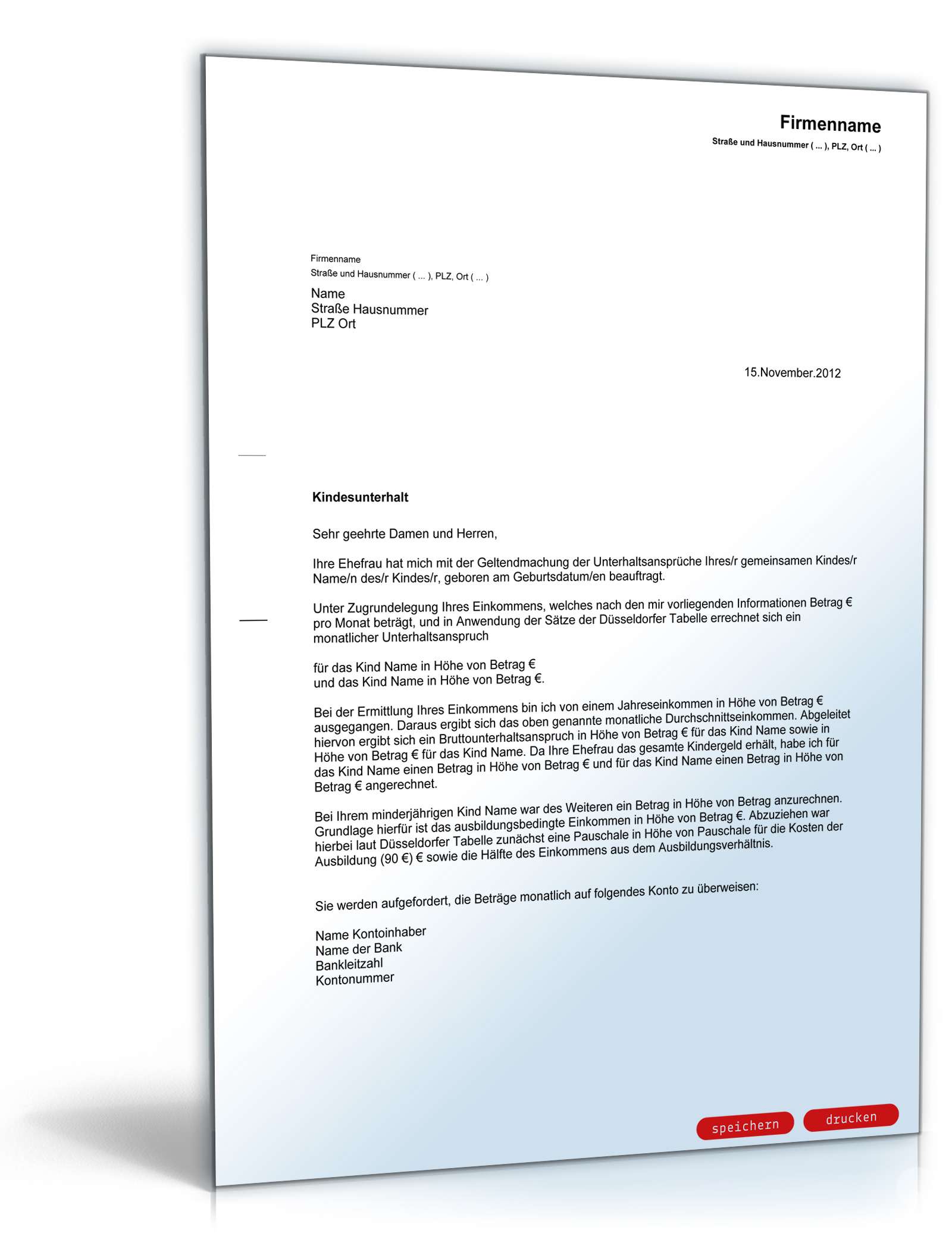 Schreiben zur Geltendmachung von Kindesunterhalt PDF