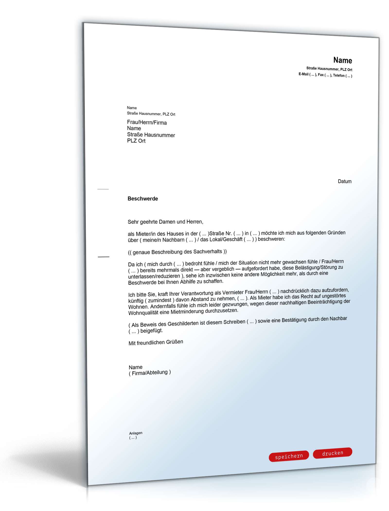 Beschwerde beim Vermieter PDF