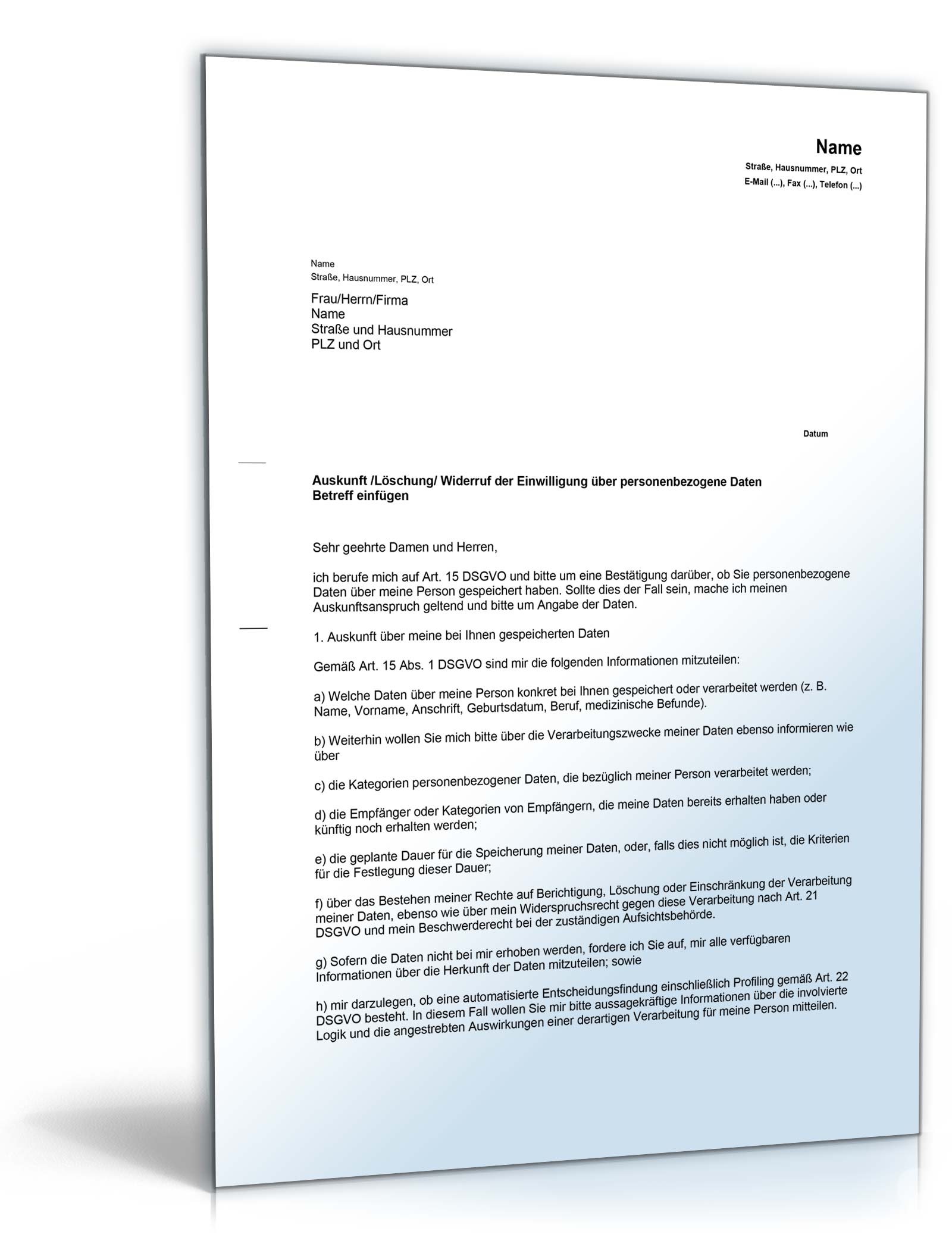 Auskunftsersuchen personenbezogene Daten DSGVO PDF