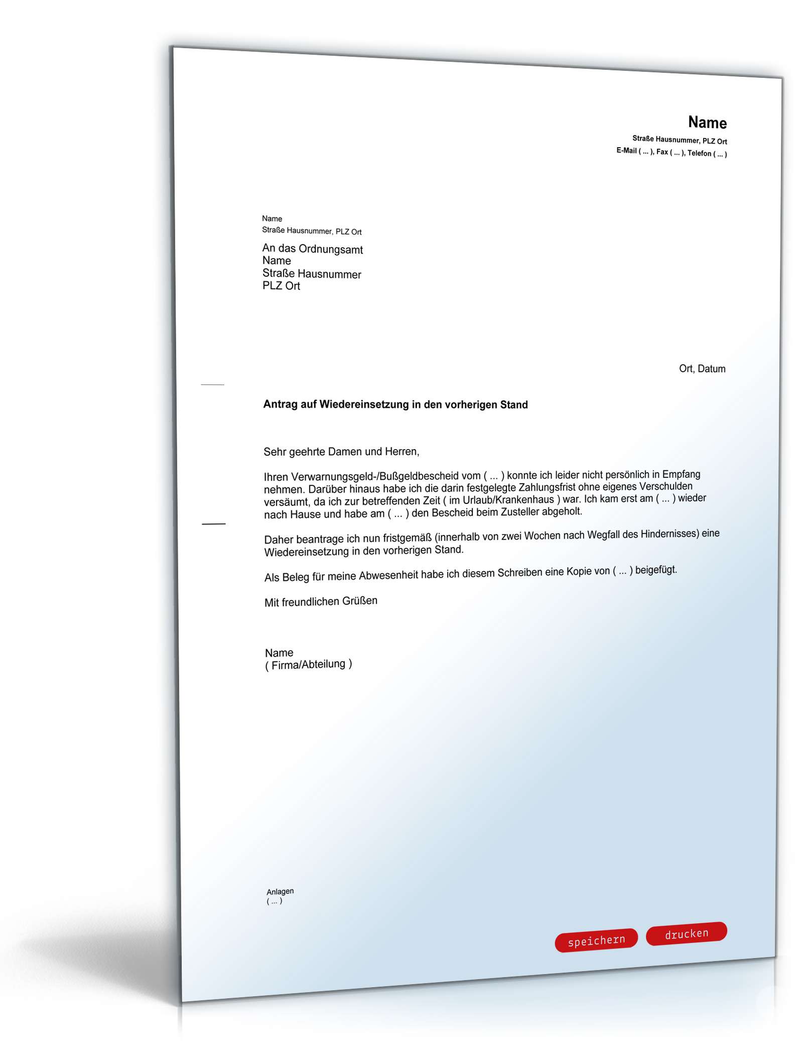 Antrag auf Wiedereinsetzung in den vorherigen Stand PDF