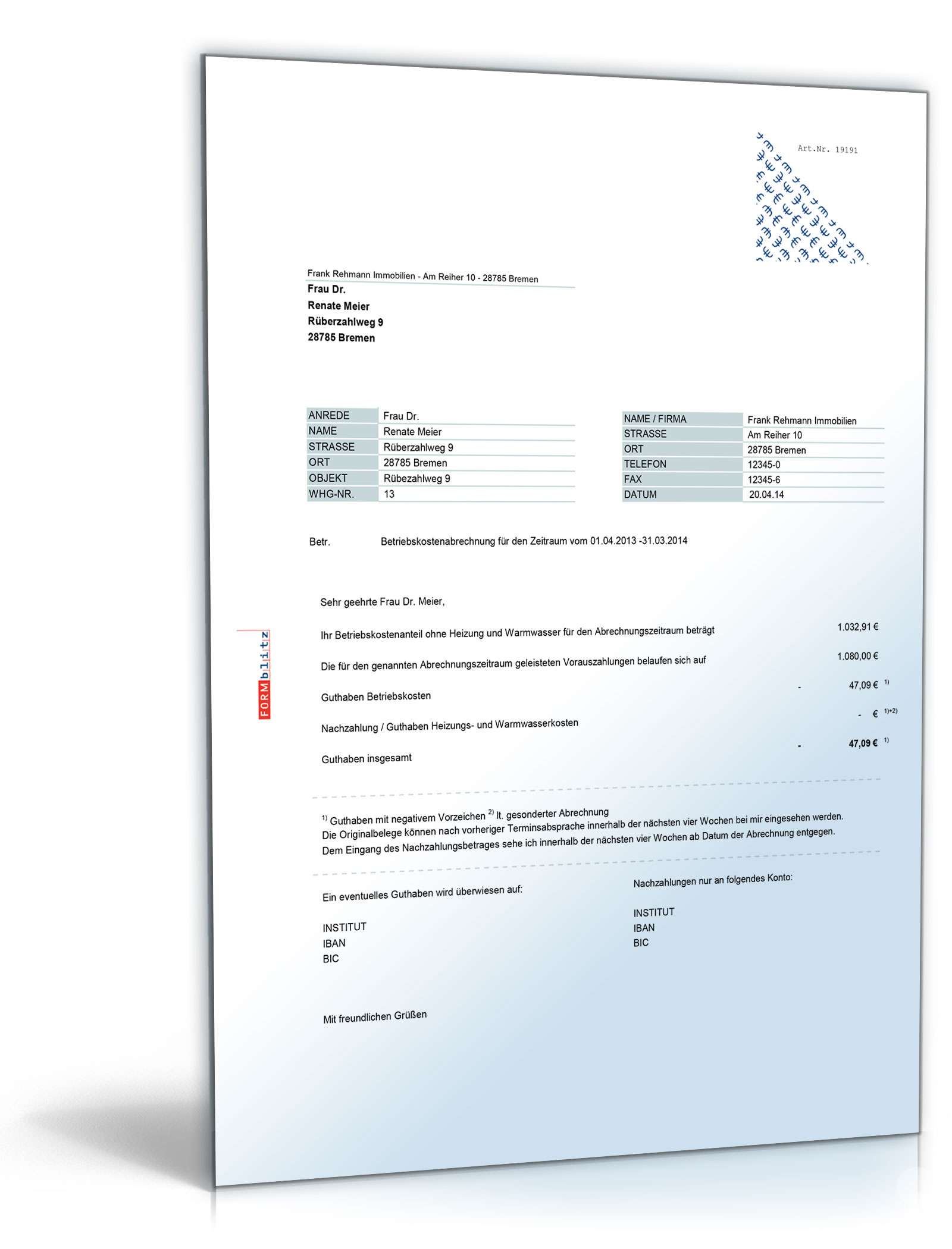 Betriebskostenabrechnung Excel. Seite: 2