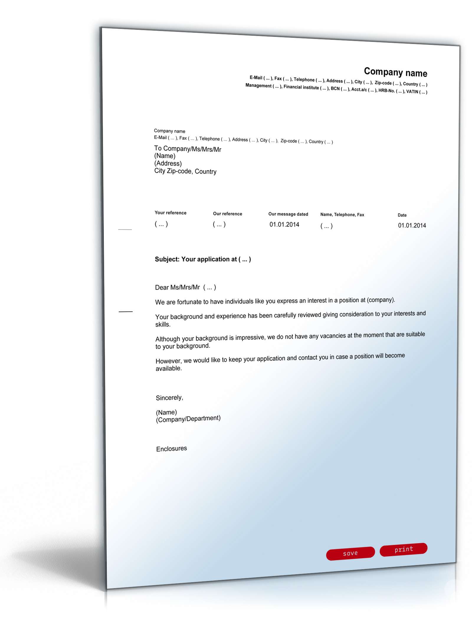 Absage Initiativbewerbung Englisch/Deutsch PDF