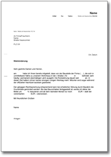 Mietminderung wegen Lärmbelästigung durch Bauarbeiten Word