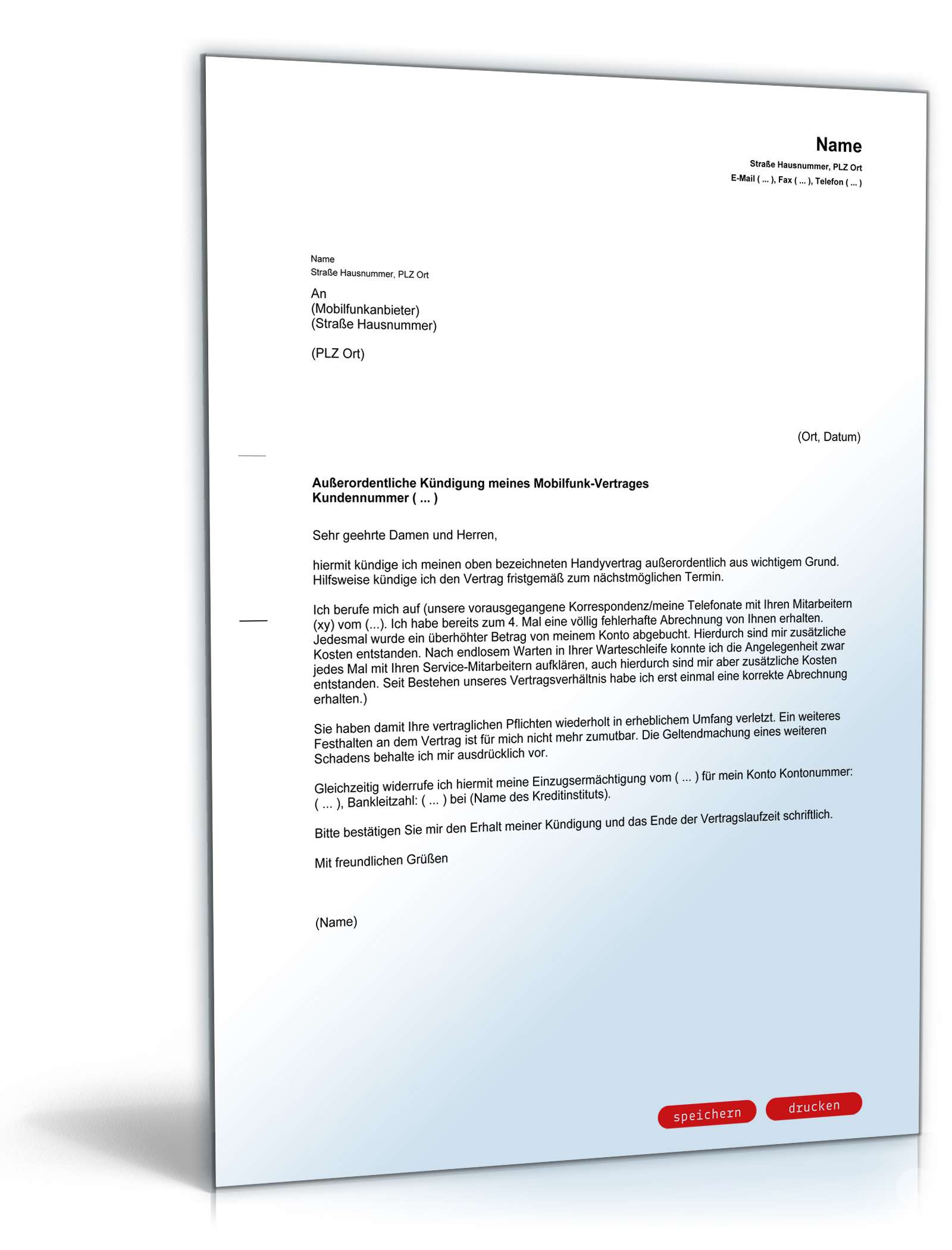 Fristlose Kündigung Handyvertrag PDF