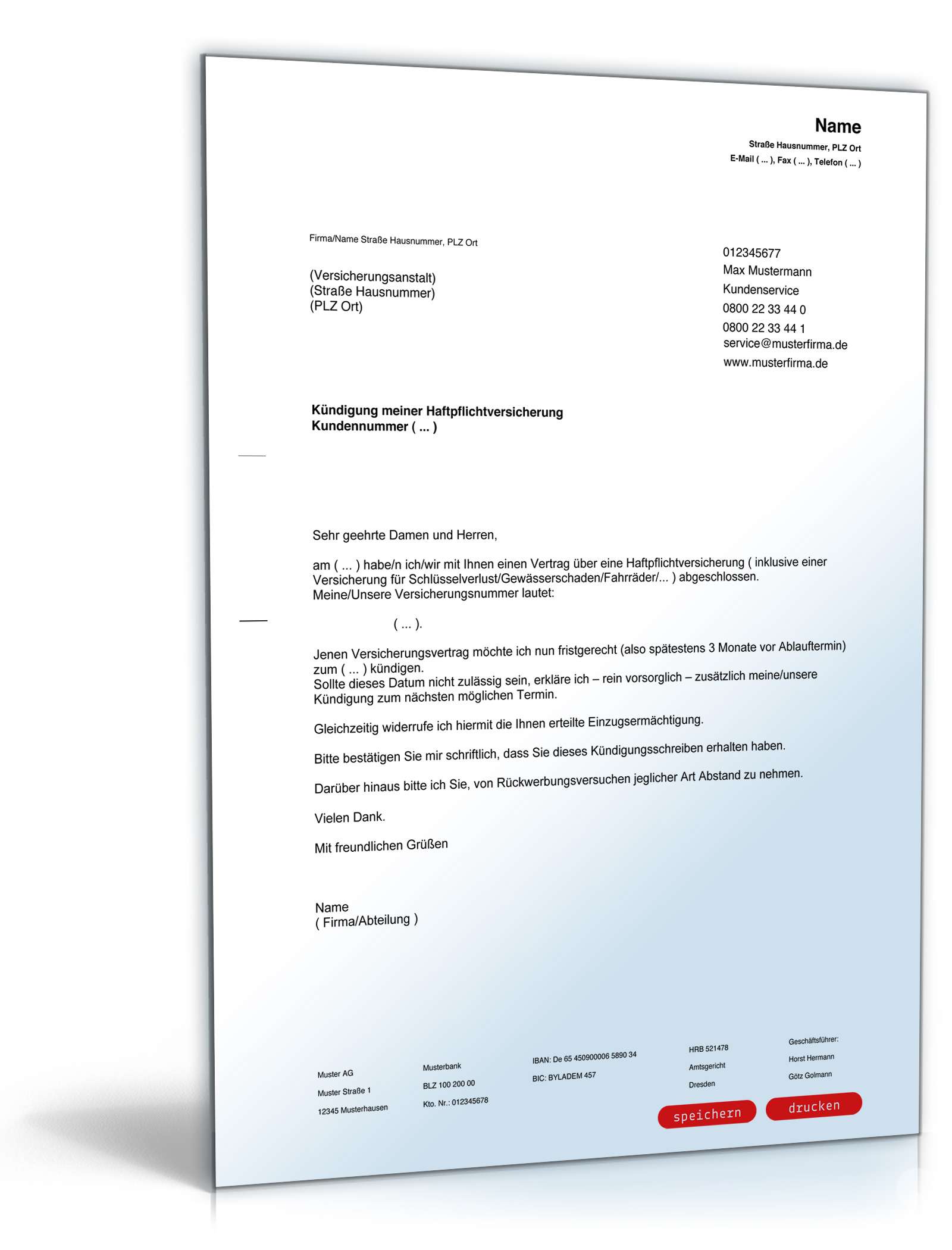 Kündigung Haftpflichtversicherung PDF