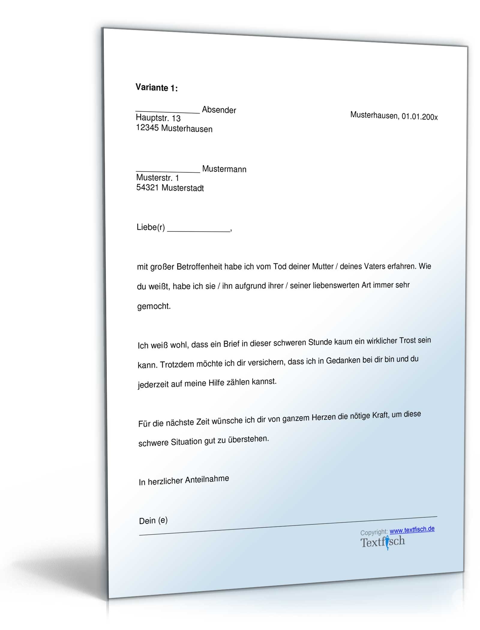 Kondolenzschreiben Tod eines Elternteils im Familien- oder Freundeskreis