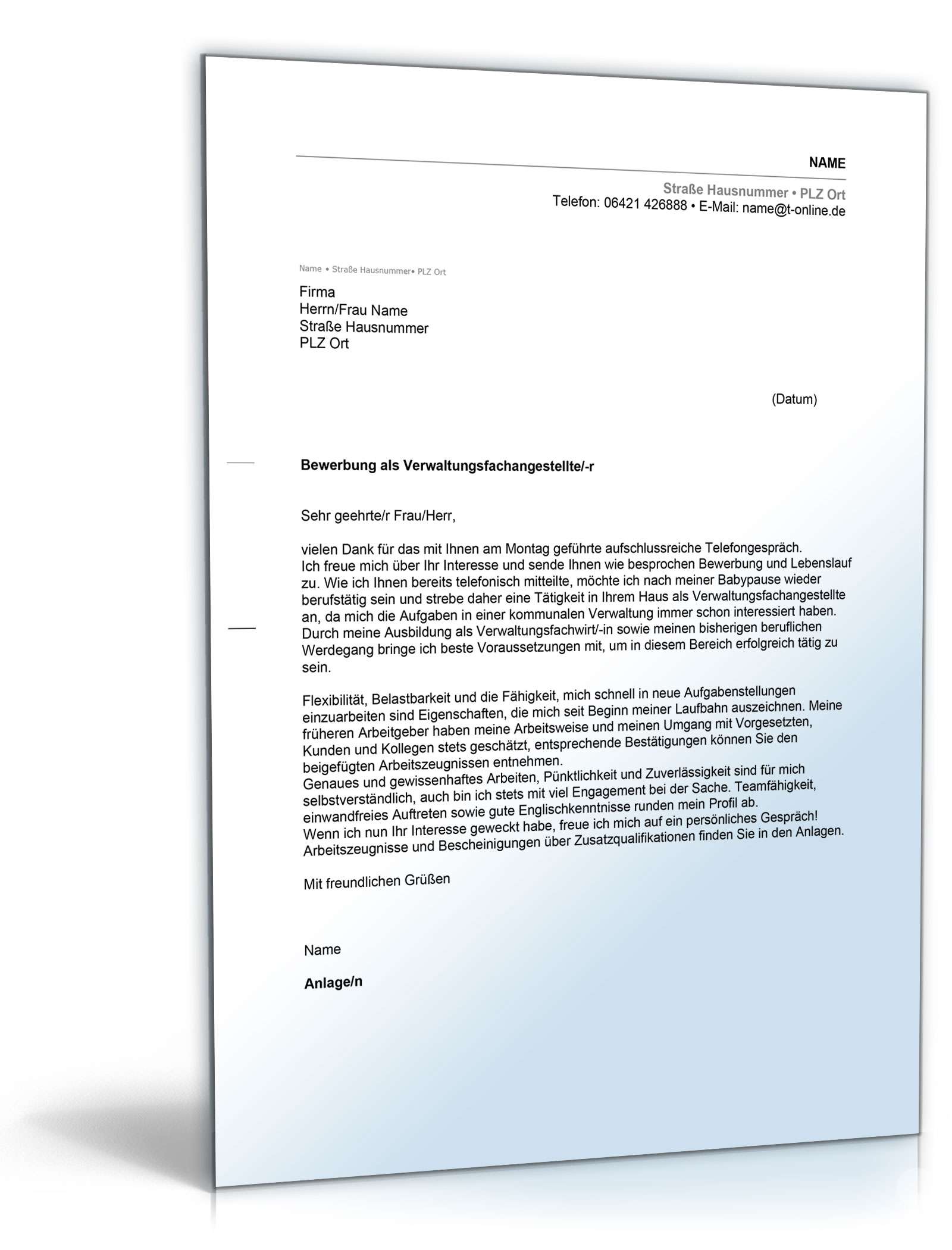 Anschreiben Bewerbung Verwaltungsfachangestellte Excel