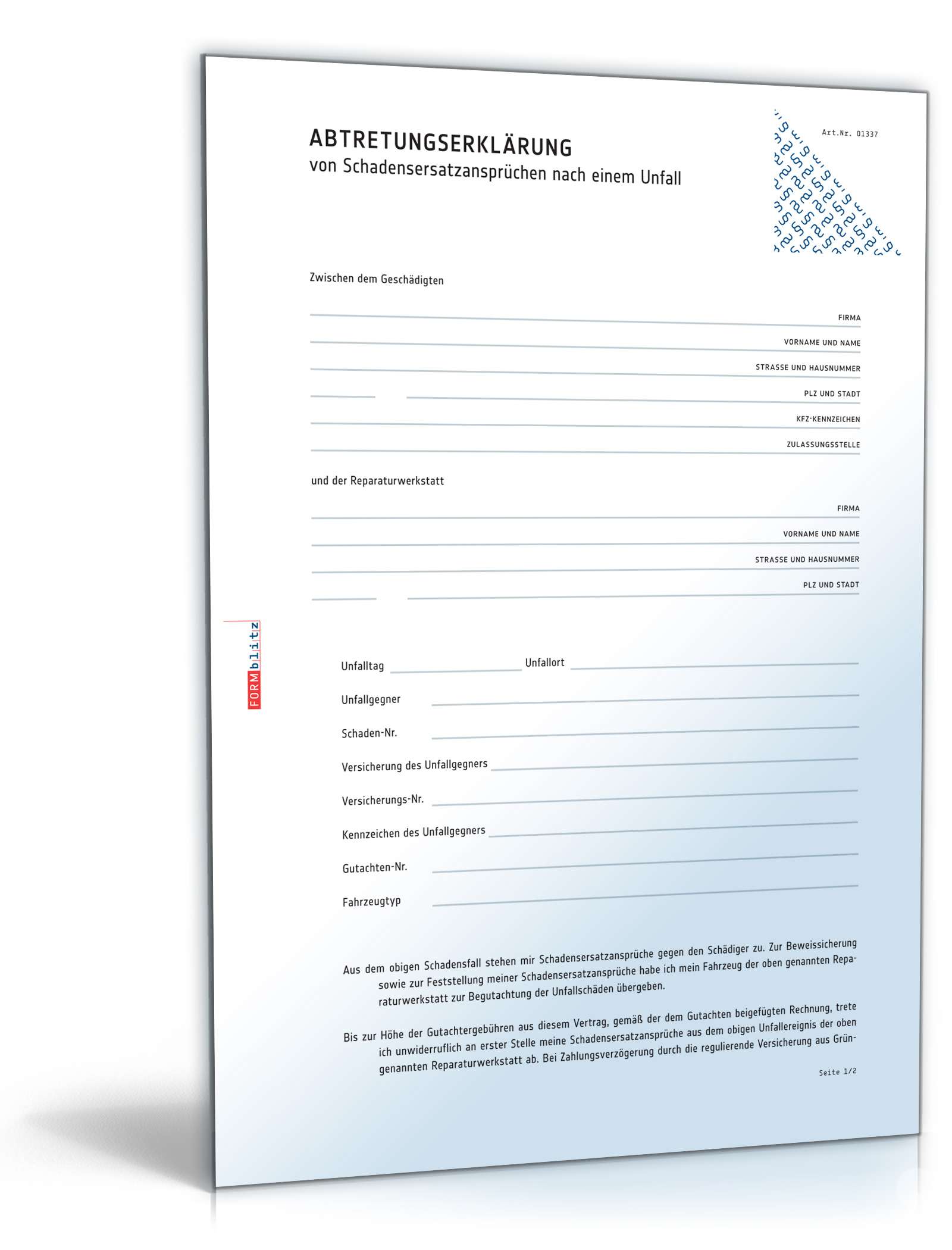 Abtretungserklärung Schadensersatzanspruch Werkstatt PDF