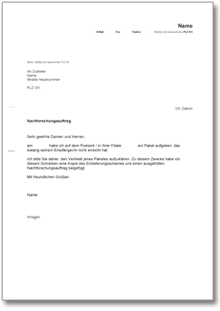 Begleitschreiben Nachforschungsauftrag Paket Word