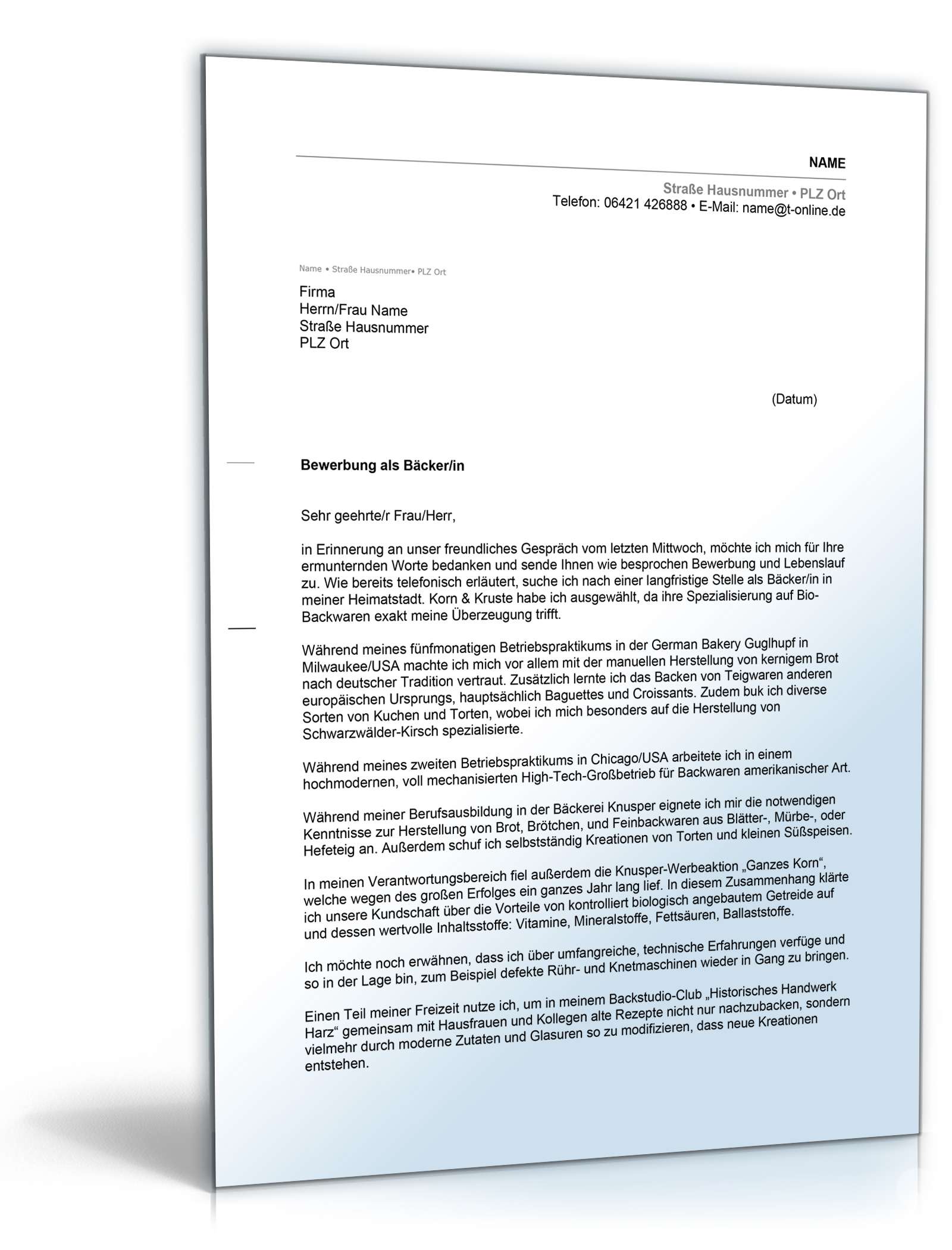 Anschreiben Bewerbung als Bäcker Excel