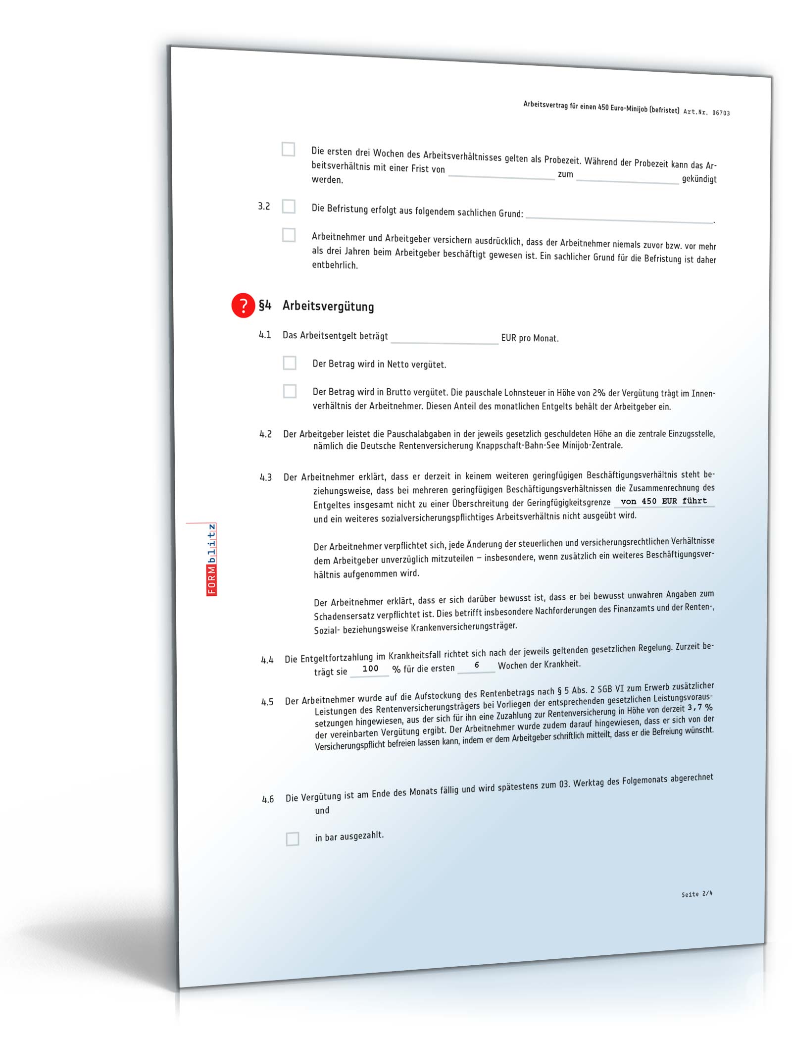 Befristeter Arbeitsvertrag Minijob PDF. Seite: 2