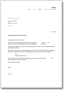 Bitte Zusendung Geburtsurkunde Word